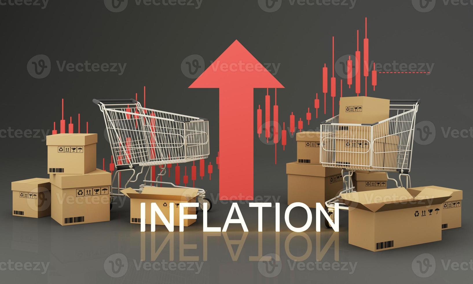 Shopping cart with red upward arrow Surrounded by cardboard boxes and stock charts on the back that are constantly rising in inflation concept. on a black background 3d render photo