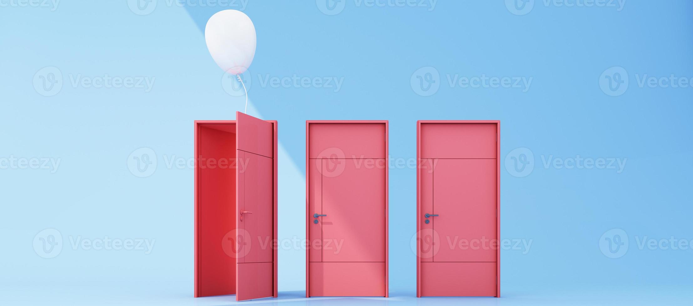 Close and open door on pastel background with sunlight shade and shadow with color balloon. 3d render photo