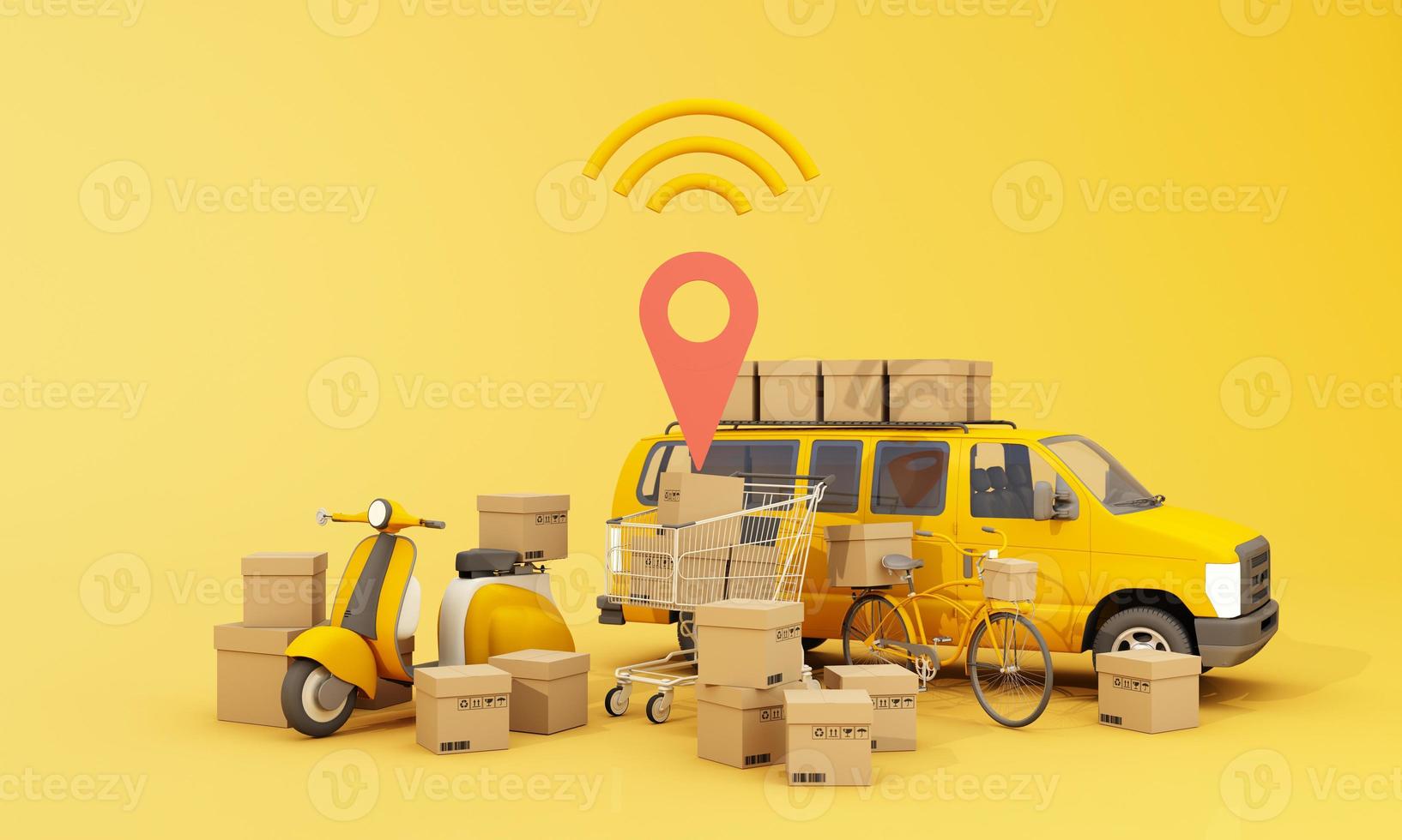 the Earth world map surrounded by cardboard boxes, a cargo container ship, a flying plane, a car, a van and a truck with gps location on blue background 3D rendering isometric view photo