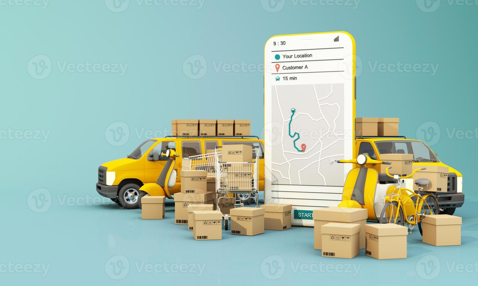 the Earth world map surrounded by cardboard boxes, a cargo container ship, a flying plane, a car, a van and a truck with gps location on blue background 3D rendering isometric view photo