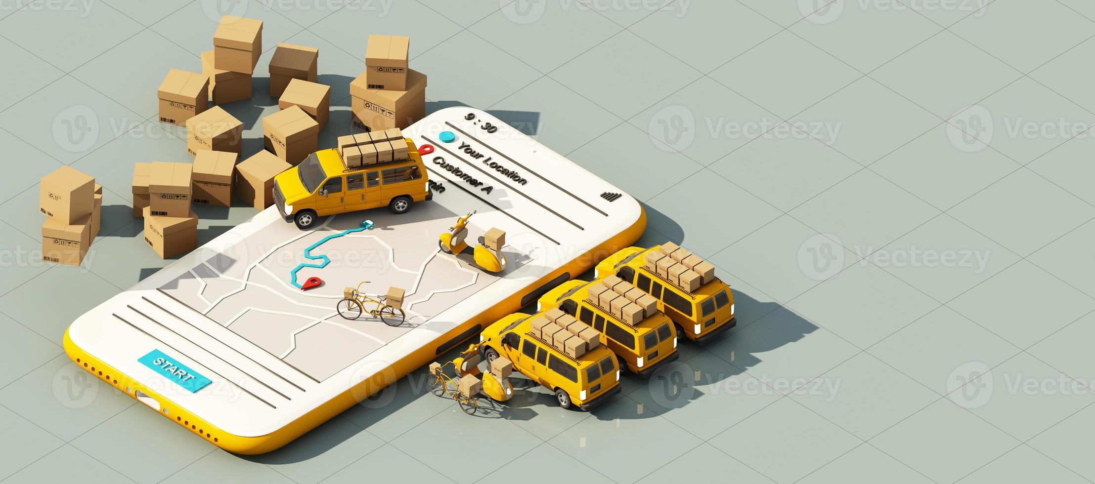the Earth world map surrounded by cardboard boxes, a cargo container ship, a flying plane, a car, a van and a truck with gps location on blue background 3D rendering isometric view photo