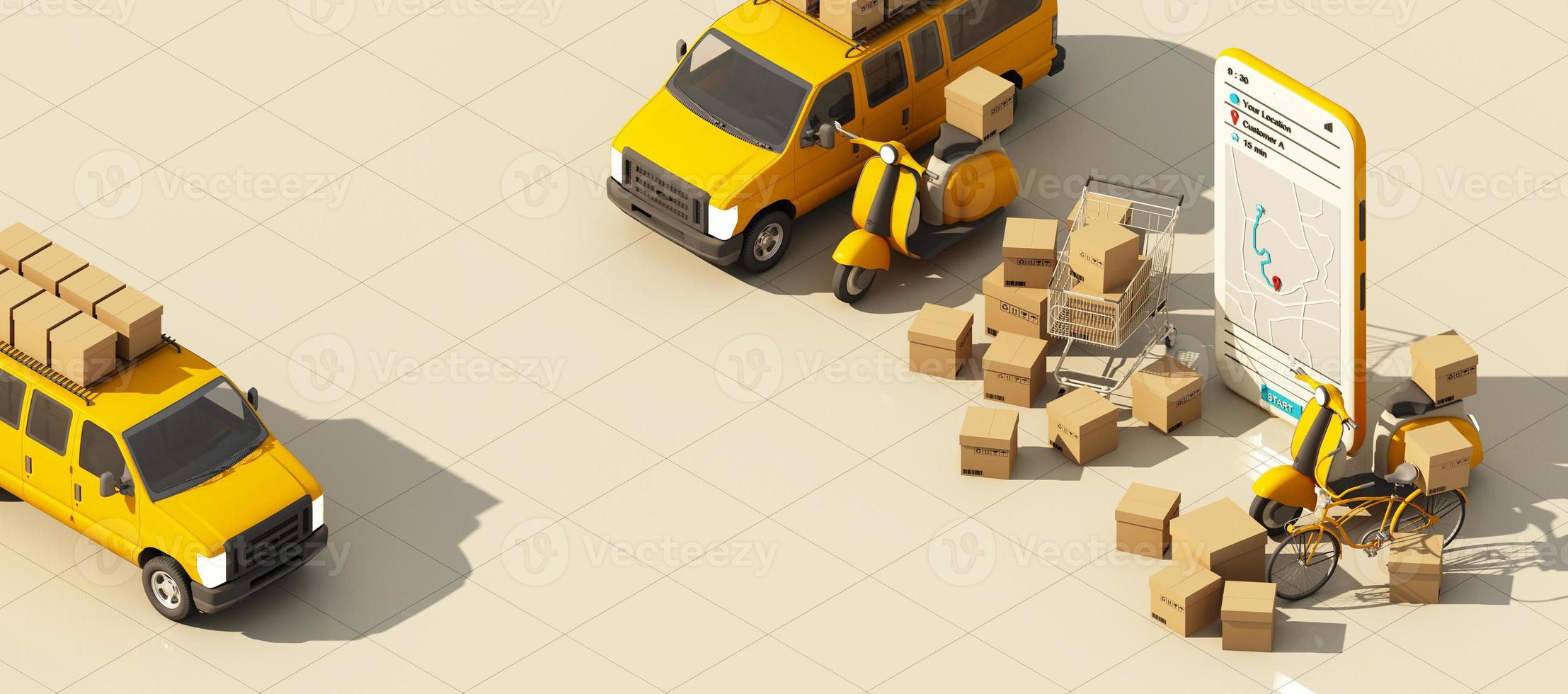 the Earth world map surrounded by cardboard boxes, a cargo container ship, a flying plane, a car, a van and a truck with gps location on blue background 3D rendering isometric view photo