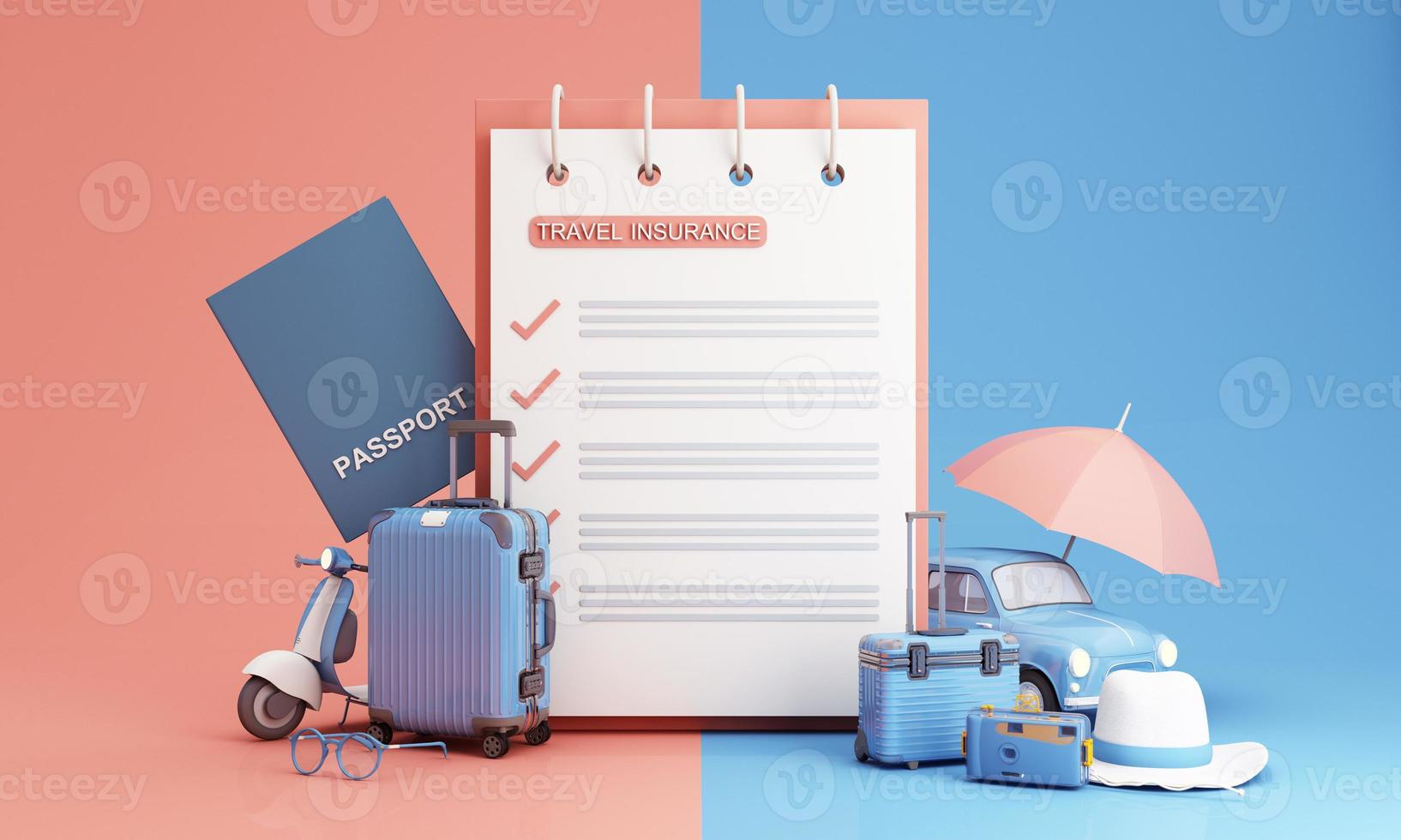 The letter Insurance glows on the cube, blue and yellow. Placed on the world map and model family cartoon characters and planes in the concept of travel insurance, travel and protection. 3d render photo