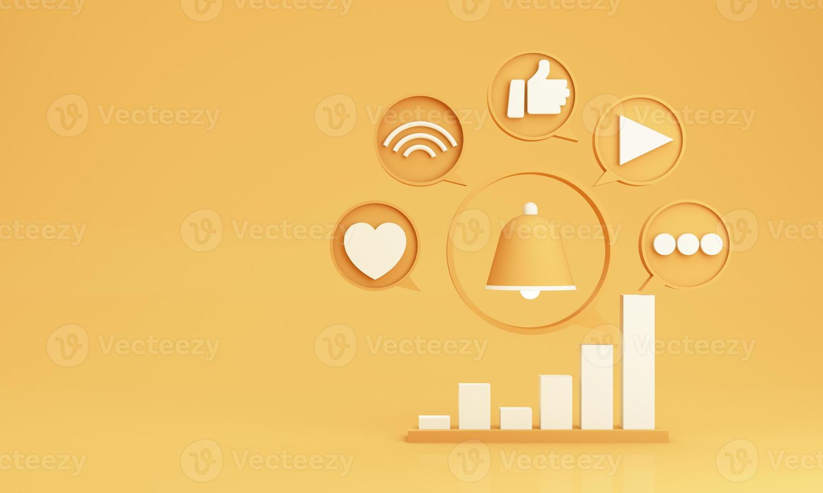 Digital Marketing, web analytics and marketing social media concept with play, chat message, love icon, magnifying glass and display bar and phone screen yellow background. 3d rendering illustration photo