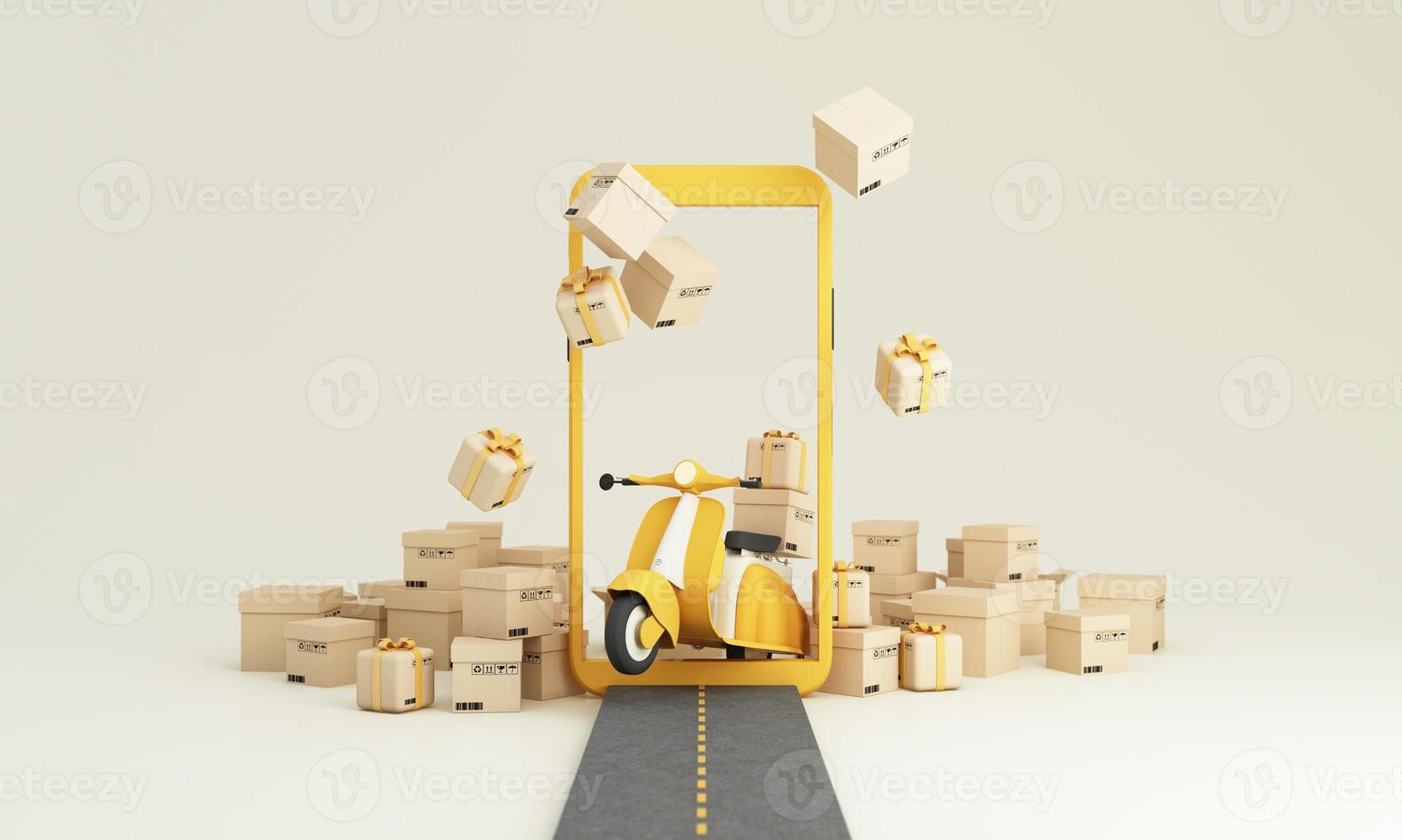 E-commerce concept, Delivery service on mobile application, Transportation delivery by Vans, truck and motorbike scooter with phone screen and product packages, gift boxes yellow tone 3d rendering photo