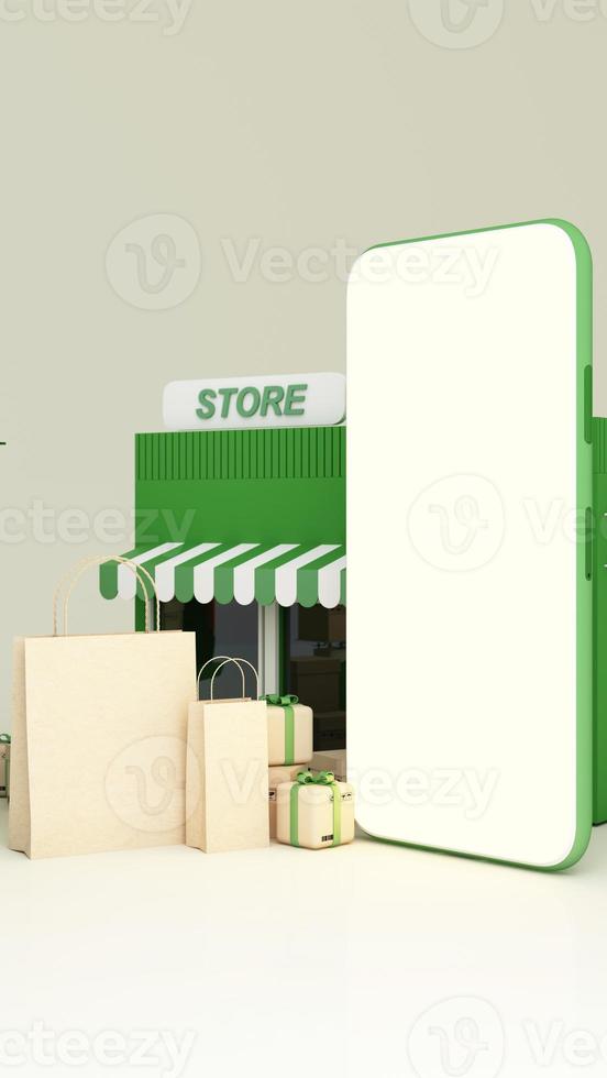 E-commerce concept, Delivery service from front store, Transportation delivery by Vans, truck and motorbike scooter and product packages, gift boxes, tree low polygon on yellow tone 3d rendering photo