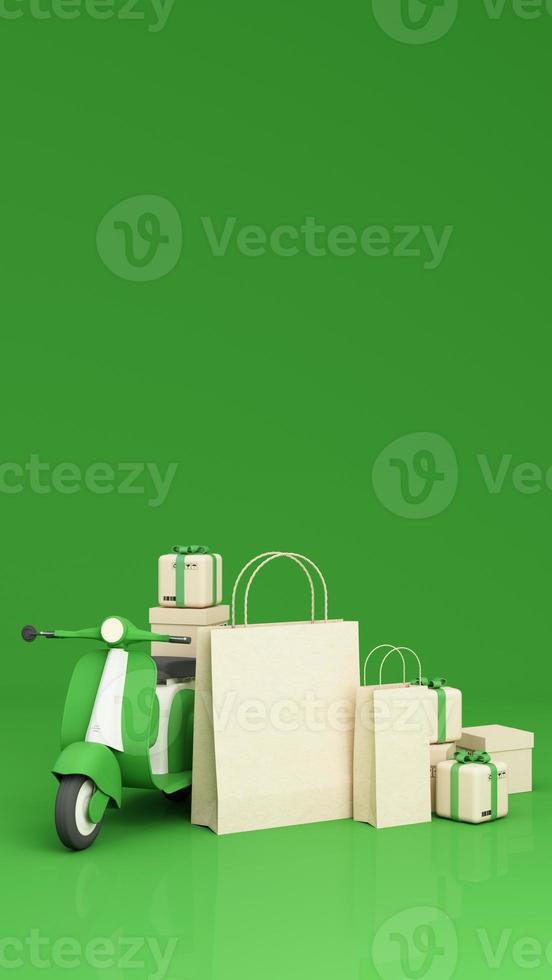 E-commerce concept, Delivery service from front store, Transportation delivery by Vans, truck and motorbike scooter and product packages, gift boxes, tree low polygon on yellow tone 3d rendering photo