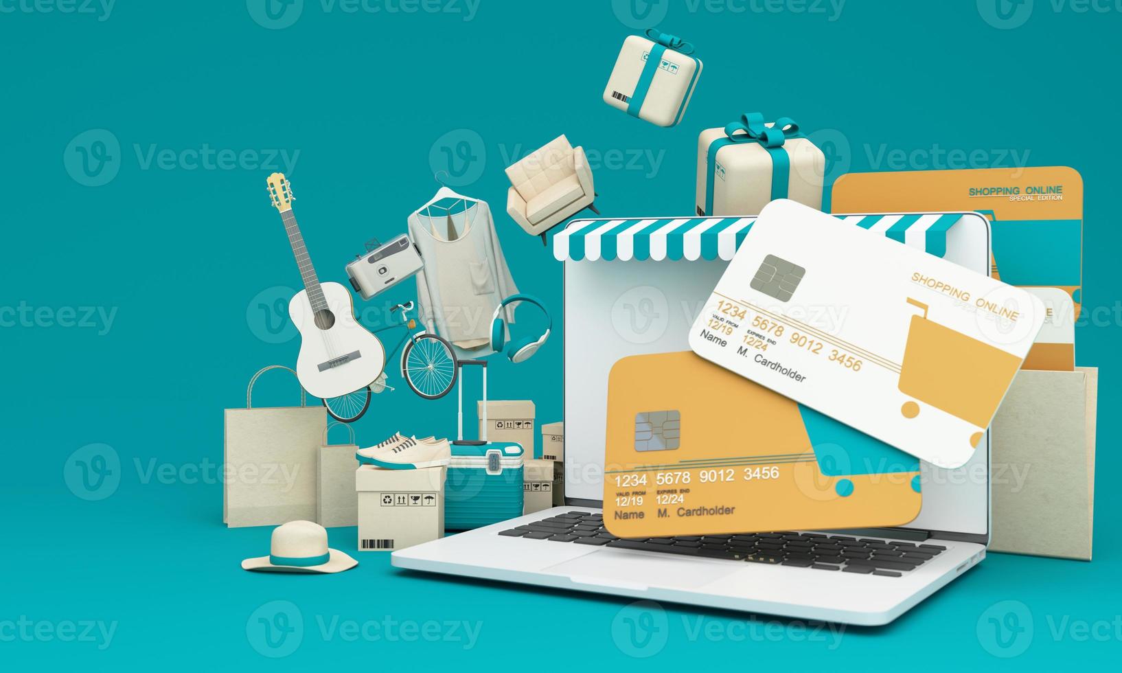 Close up of shopping online design on credit card, levitating template mockup Bank credit card with online service isolated on pink background, digital coin, wallet, copy space 3d rendering photo