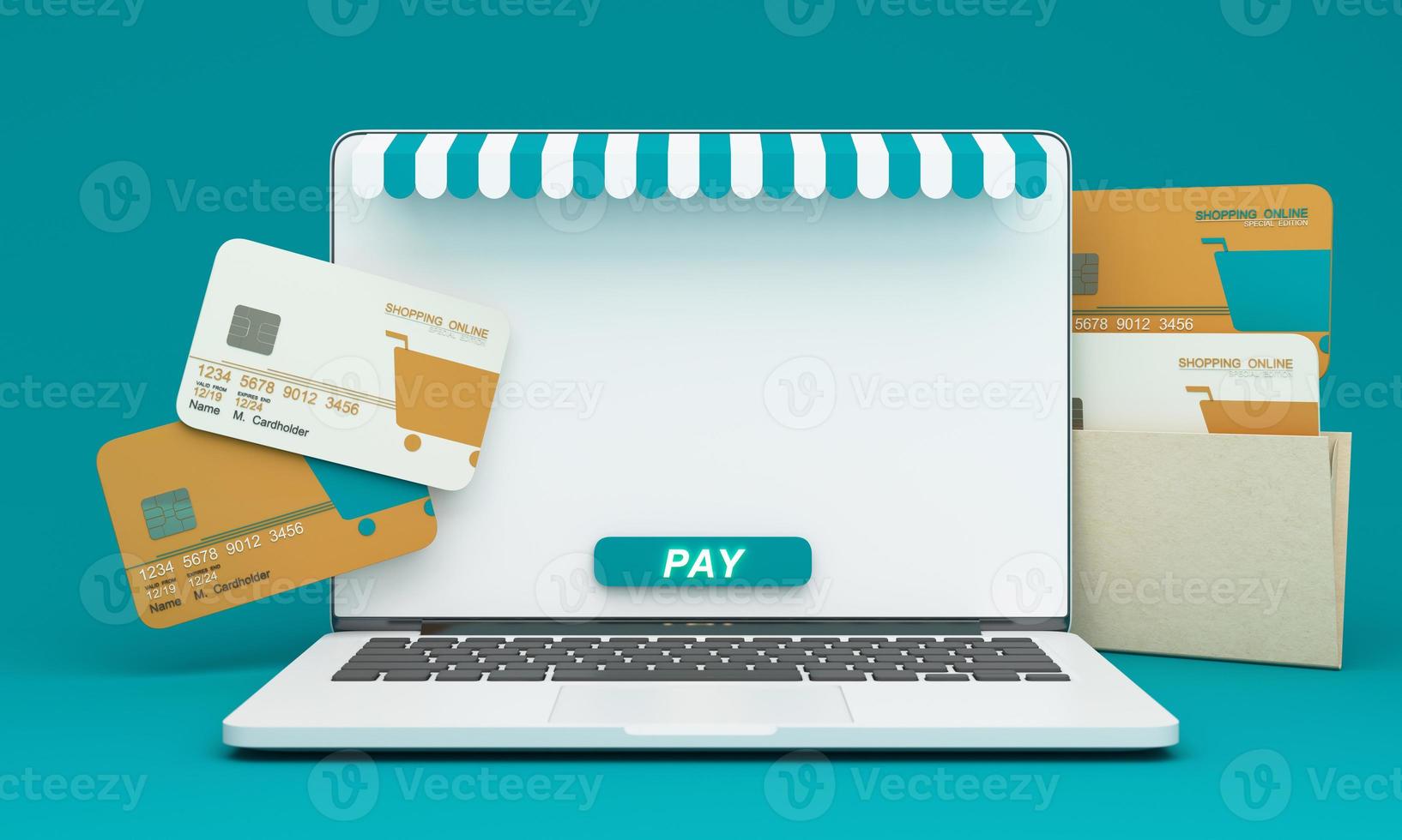 the concept of online shopping with shopping bag, cardboard box, box, cartoon delivery man, shopping online design on template mock up green Bank credit card isolate on yellow background 3d rendering photo