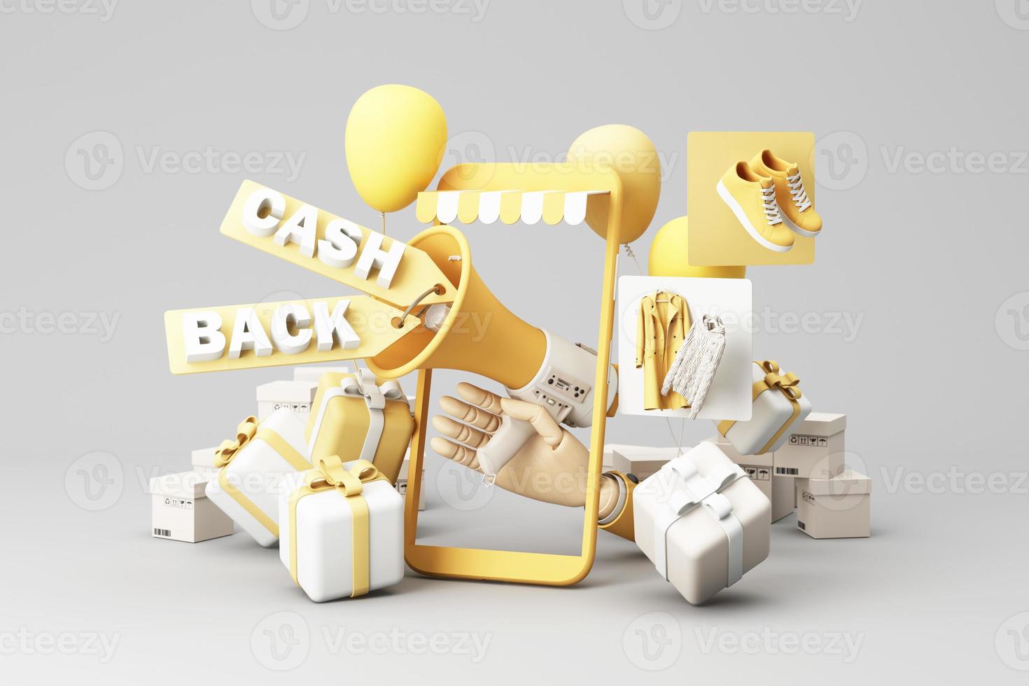 promotion on purchase and special discounts in online shopping surrounded by boxes and cash with refund service cash back financial payment label concept and saving money. pastel background 3d render photo