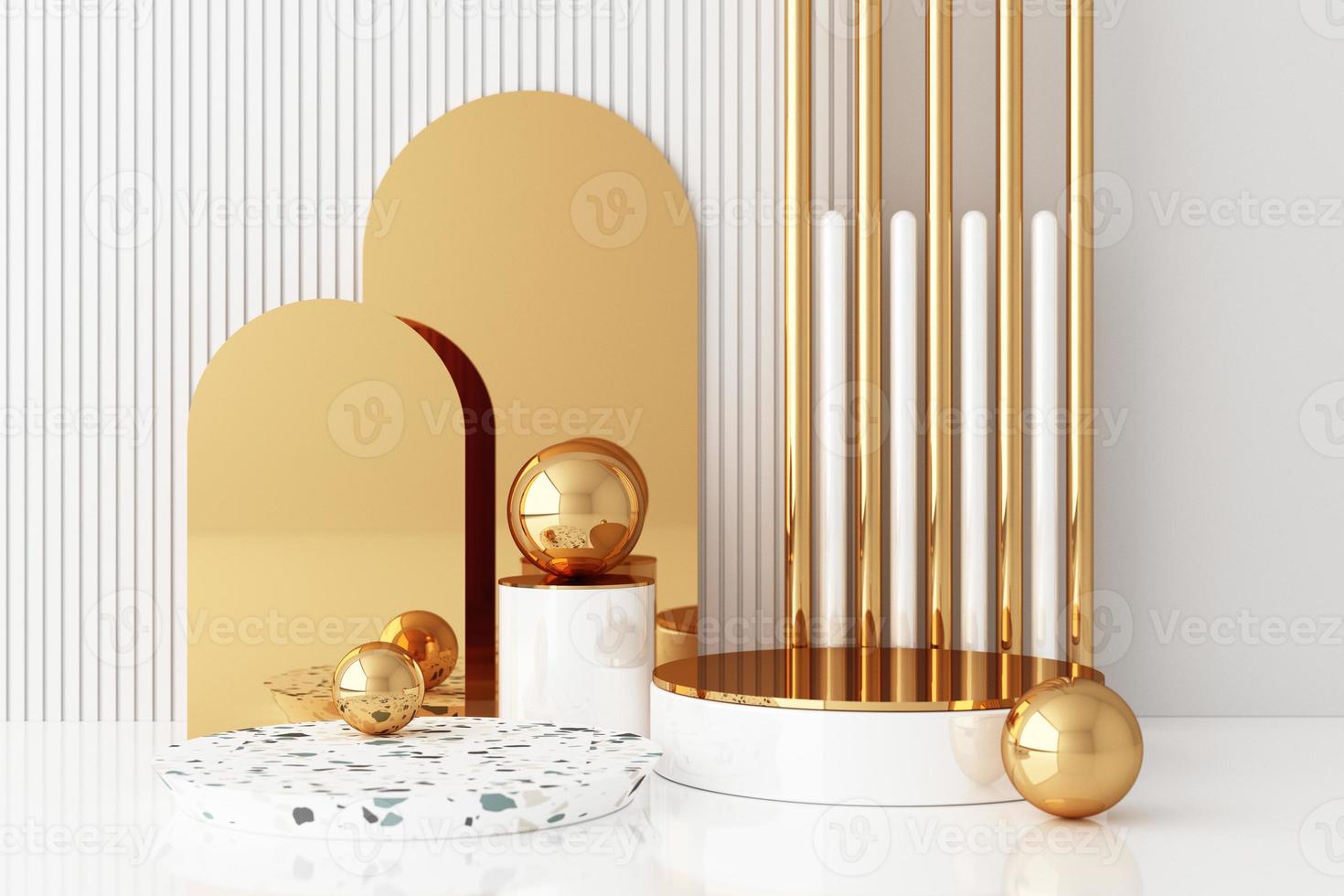 Minimal abstract geometric background with direct sunlight in shades of green and yellow. Showcase scene with empty podium for product presentation 3d rendering photo
