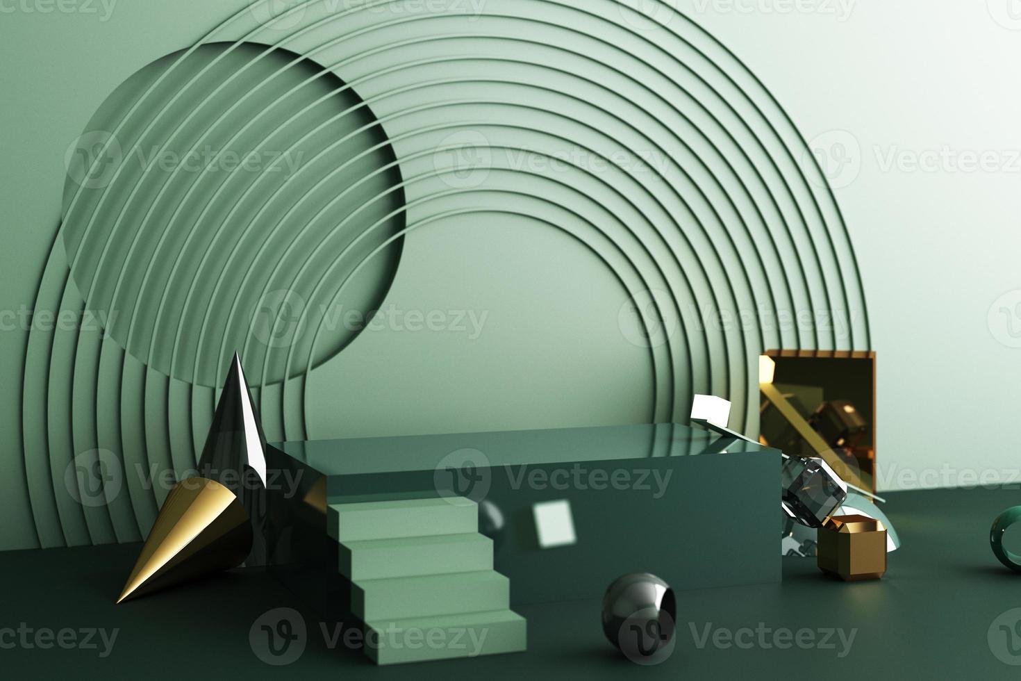 Minimal abstract geometric background with direct sunlight in shades of green and yellow. Showcase scene with empty podium for product presentation 3d rendering photo