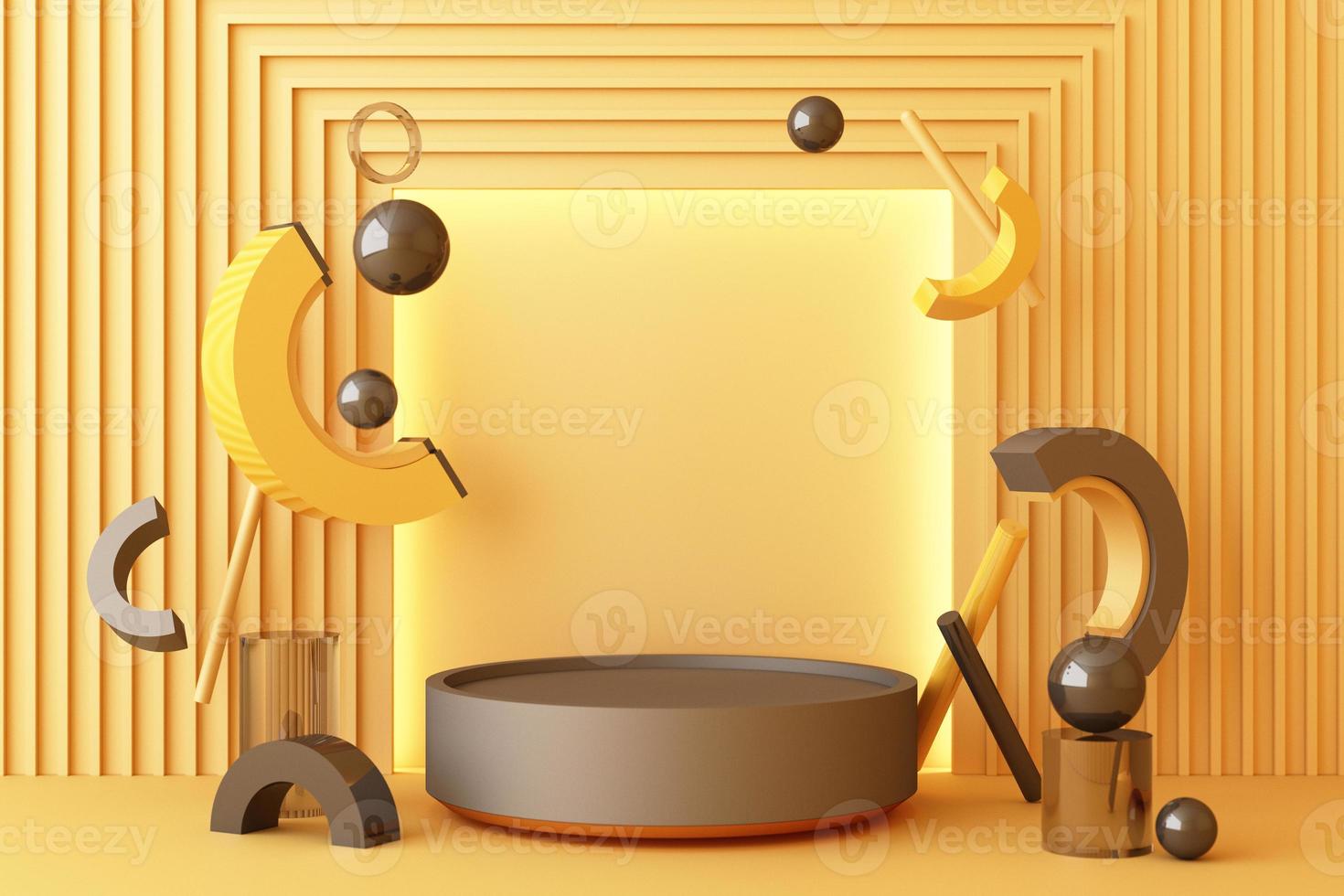 Minimal abstract geometric background with direct sunlight in shades of green and yellow. Showcase scene with empty podium for product presentation 3d rendering photo
