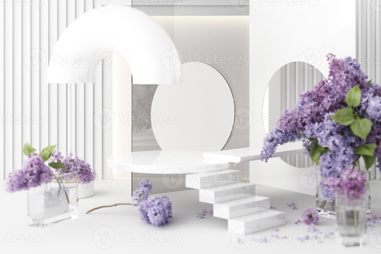 Minimal abstract geometric background with direct sunlight in shades of green and yellow. Showcase scene with empty podium for product presentation 3d rendering photo