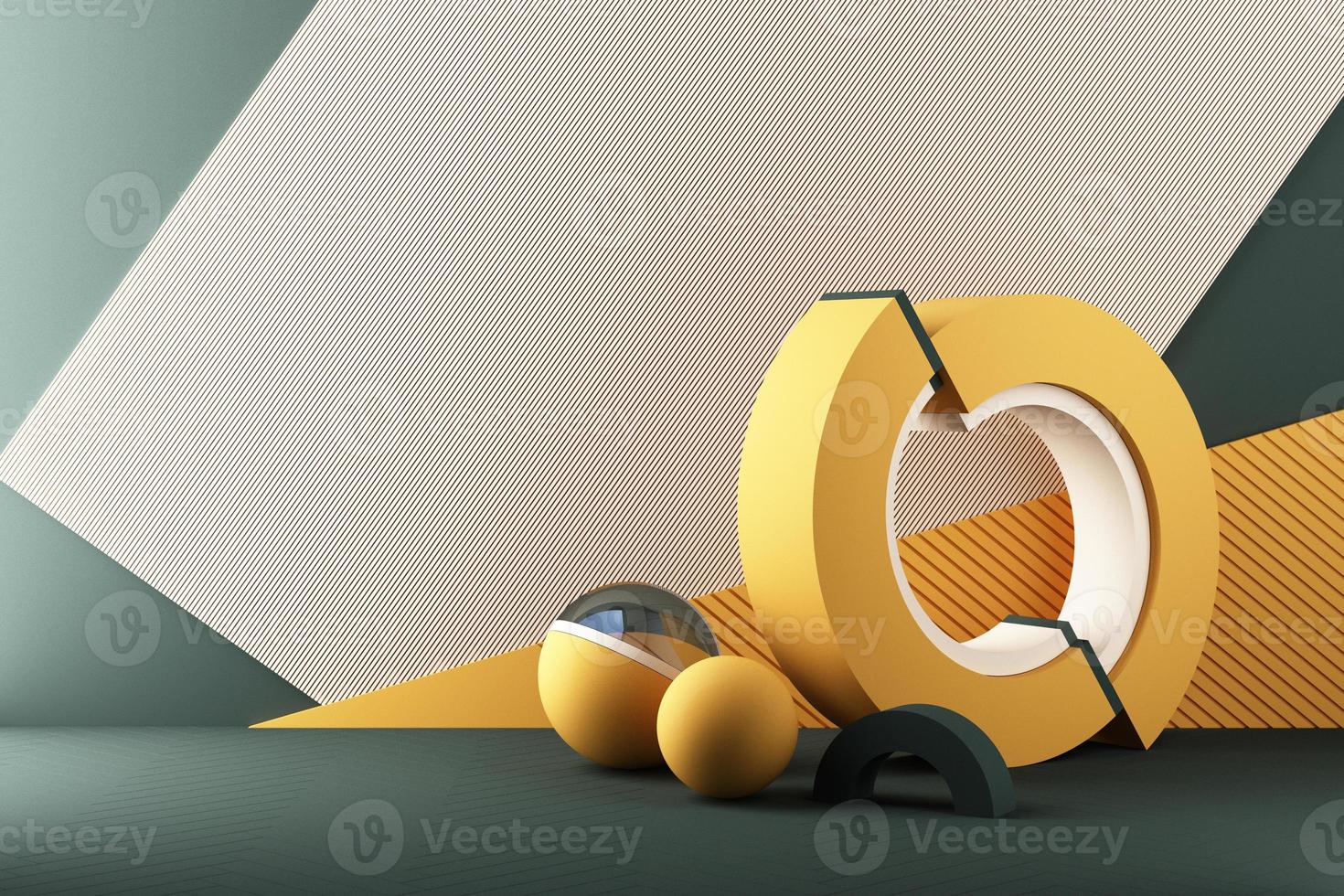 Minimal abstract geometric background with direct sunlight in shades of green and yellow. Showcase scene with empty podium for product presentation 3d rendering photo