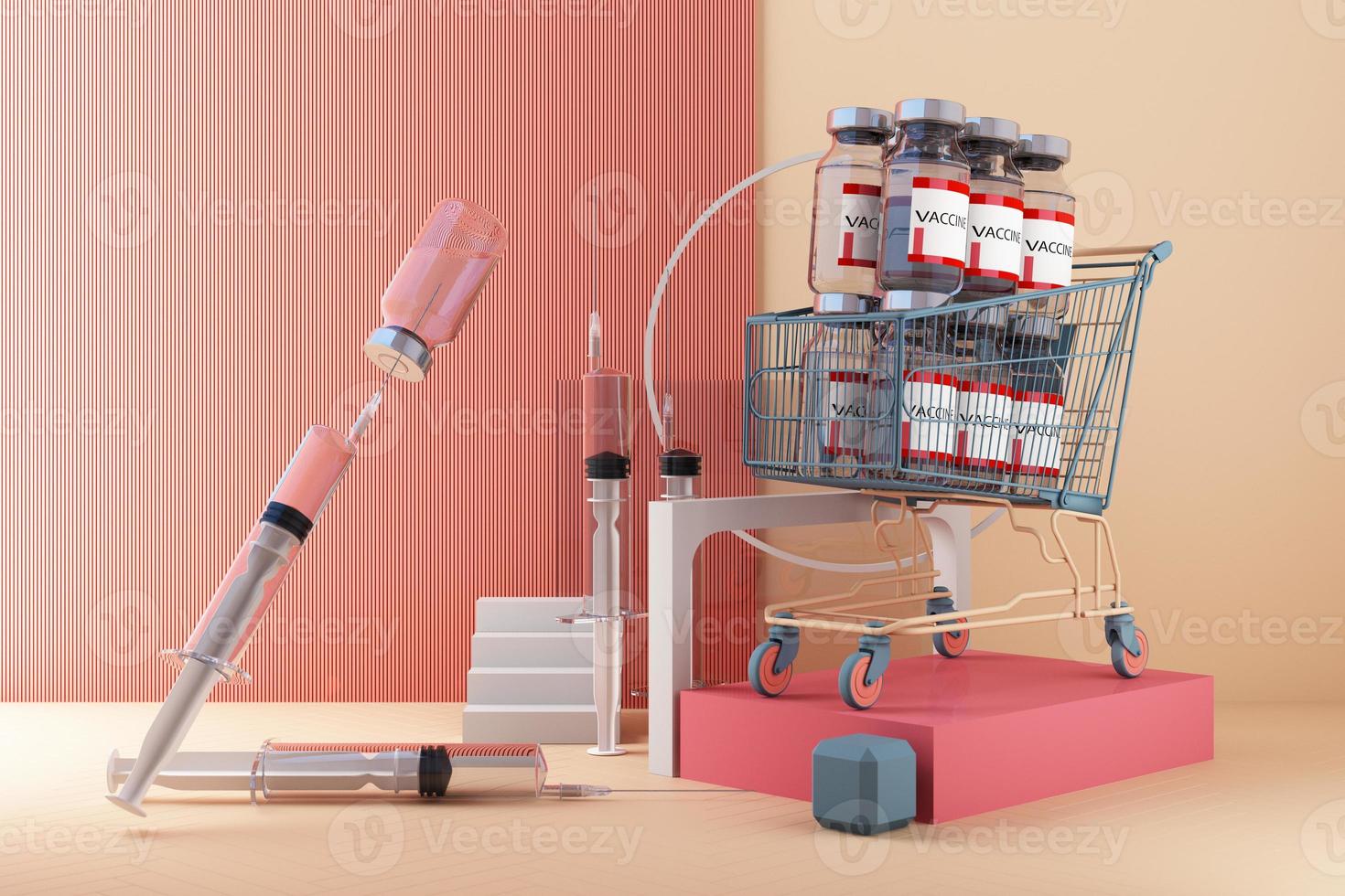 Covid-19 self test kit with vaccine and medicine on background. 3d rendering photo