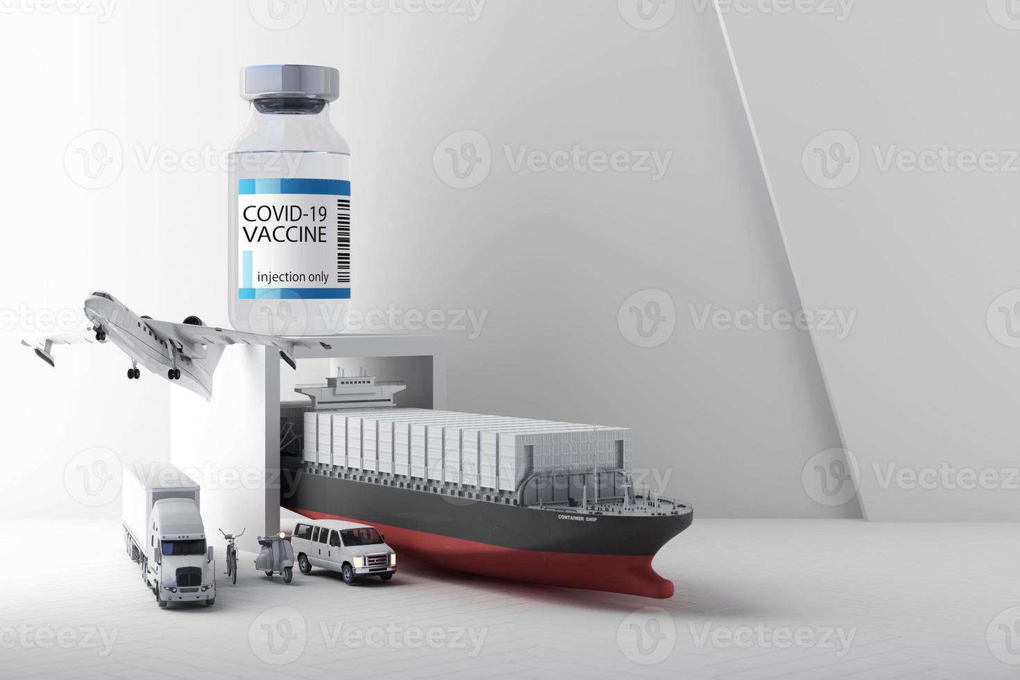Concept colorful yellow and green tone for the worldwide delivery of COVID-19 coronavirus vaccine by van 3d rendering photo
