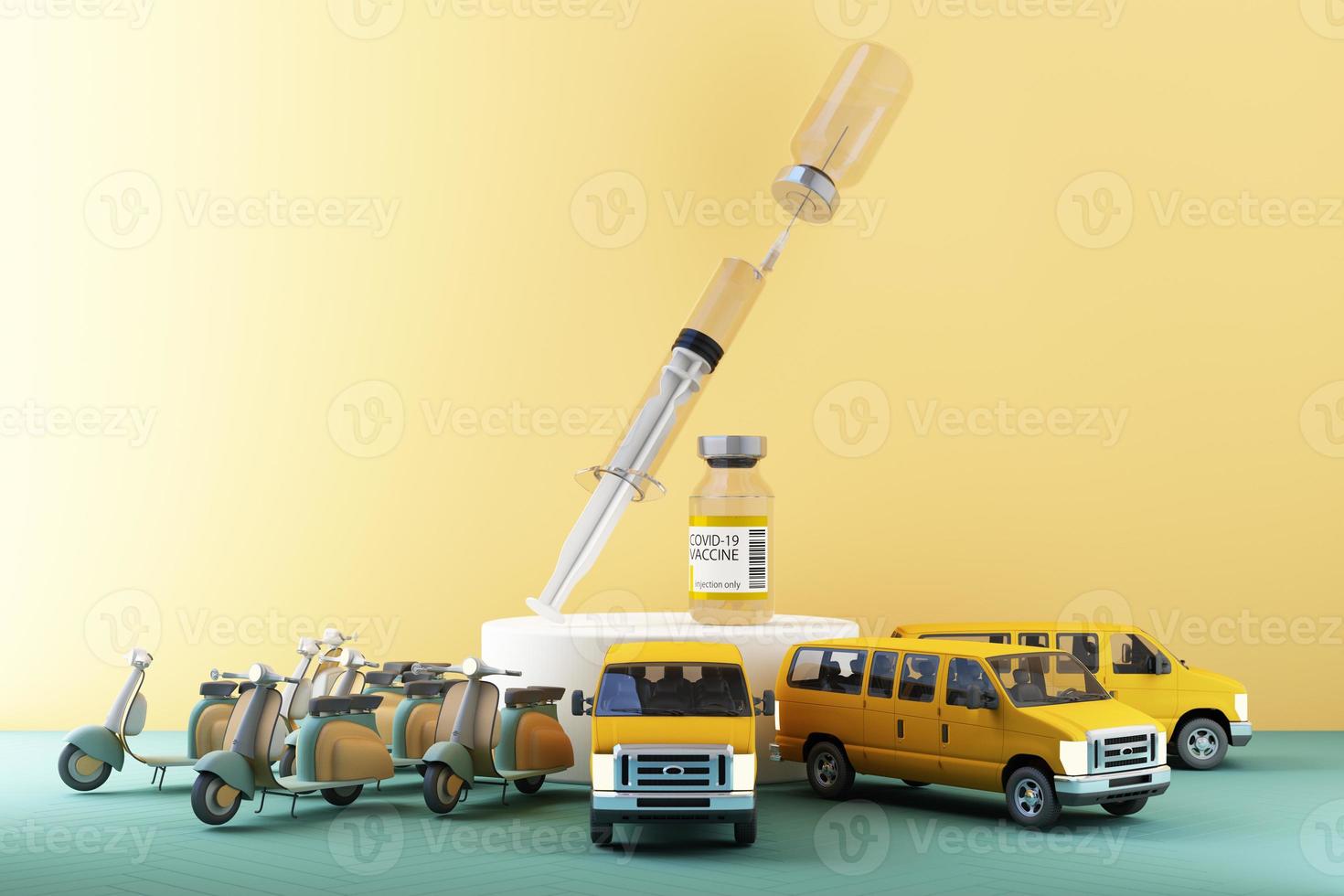 Concept colorful yellow and green tone for the worldwide delivery of COVID-19 coronavirus vaccine by van 3d rendering photo