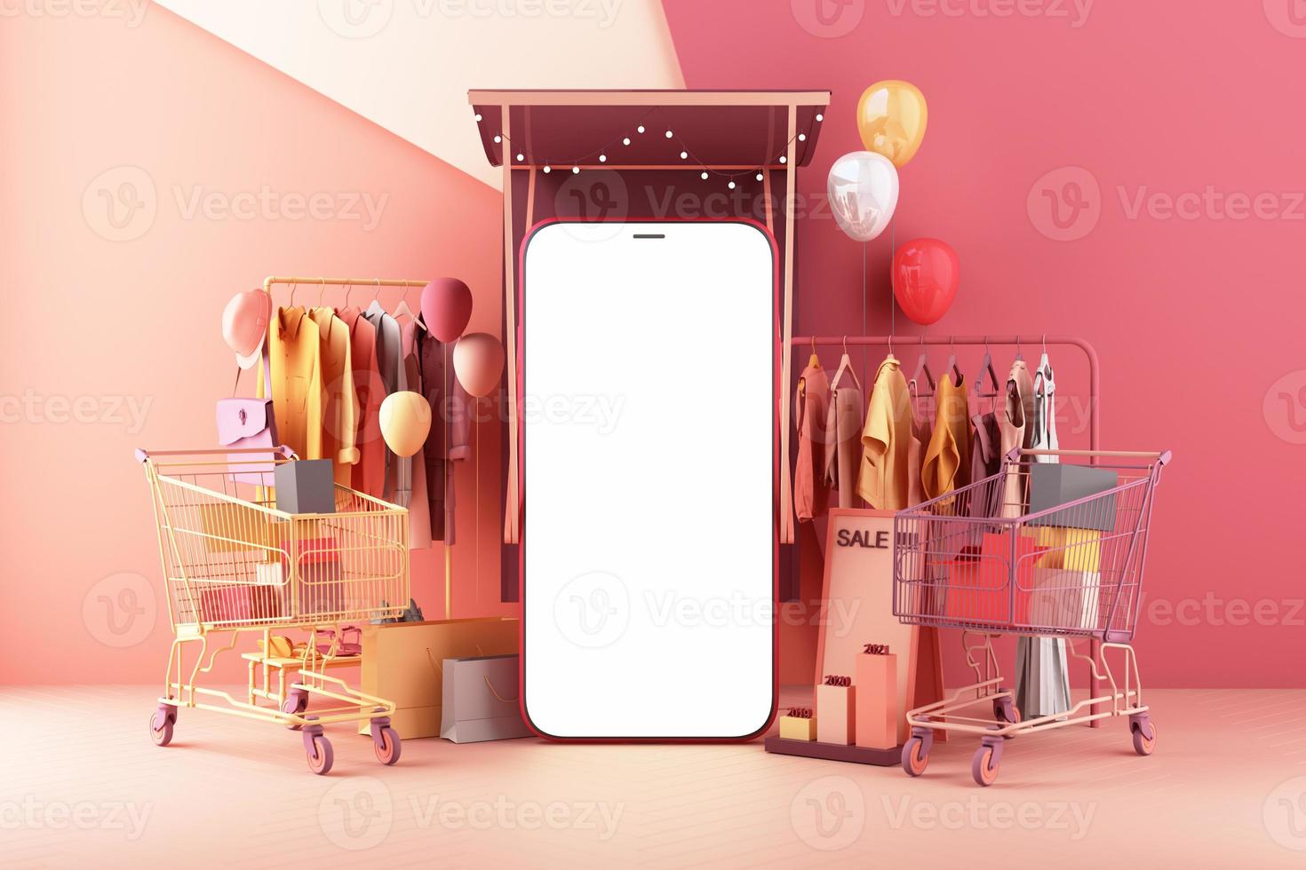 the concept of online women shopping clothes on social media app. 3d laptop screen with shopping bag, chat message, shopping cart on pink pastel color 3d rendering photo