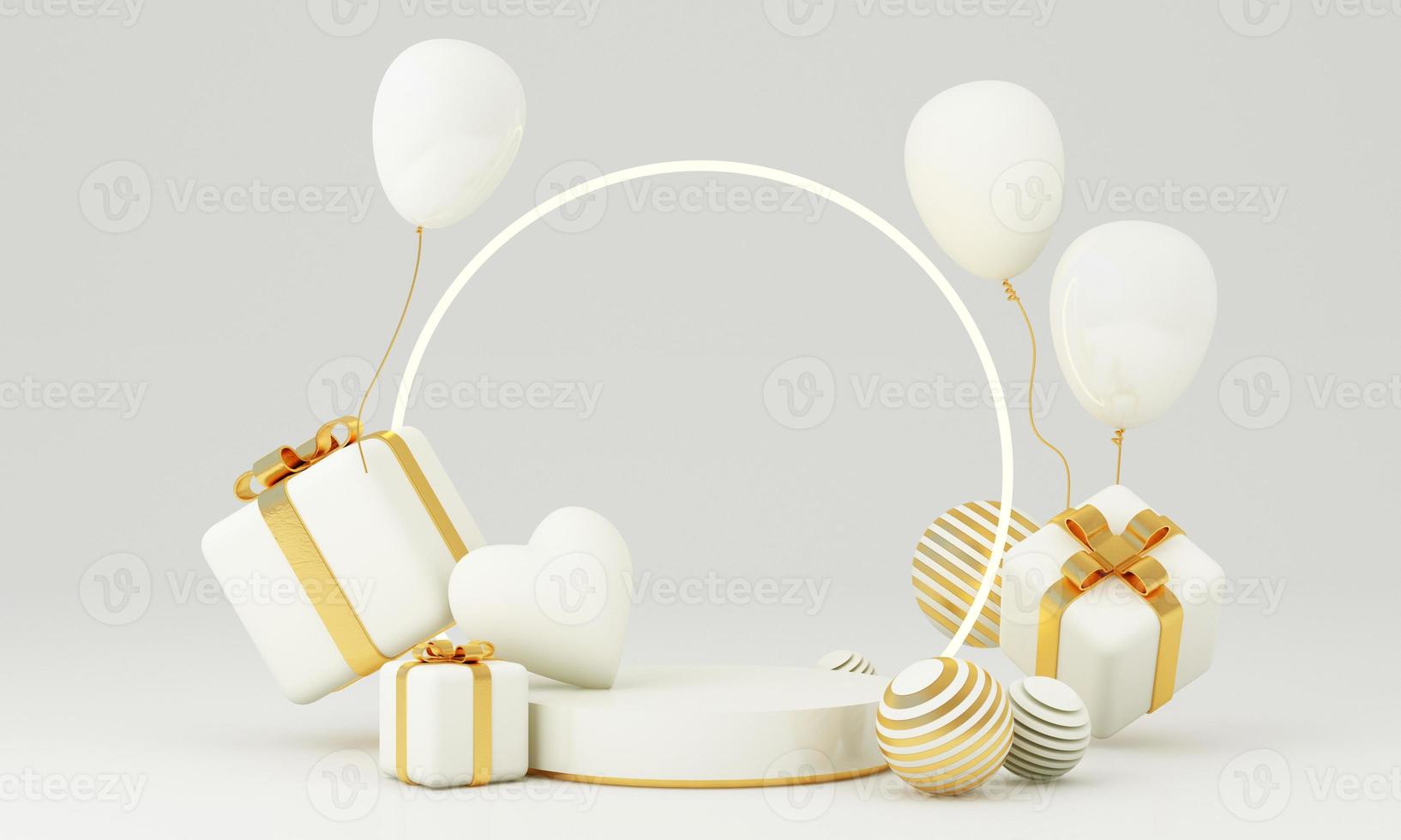 Romantic creative composition. Happy Valentine's Day. Realistic 3d festive decorative objects, heart shaped balloons and love, falling gift box, glitter gold. Holiday banner and poster. 3d render photo