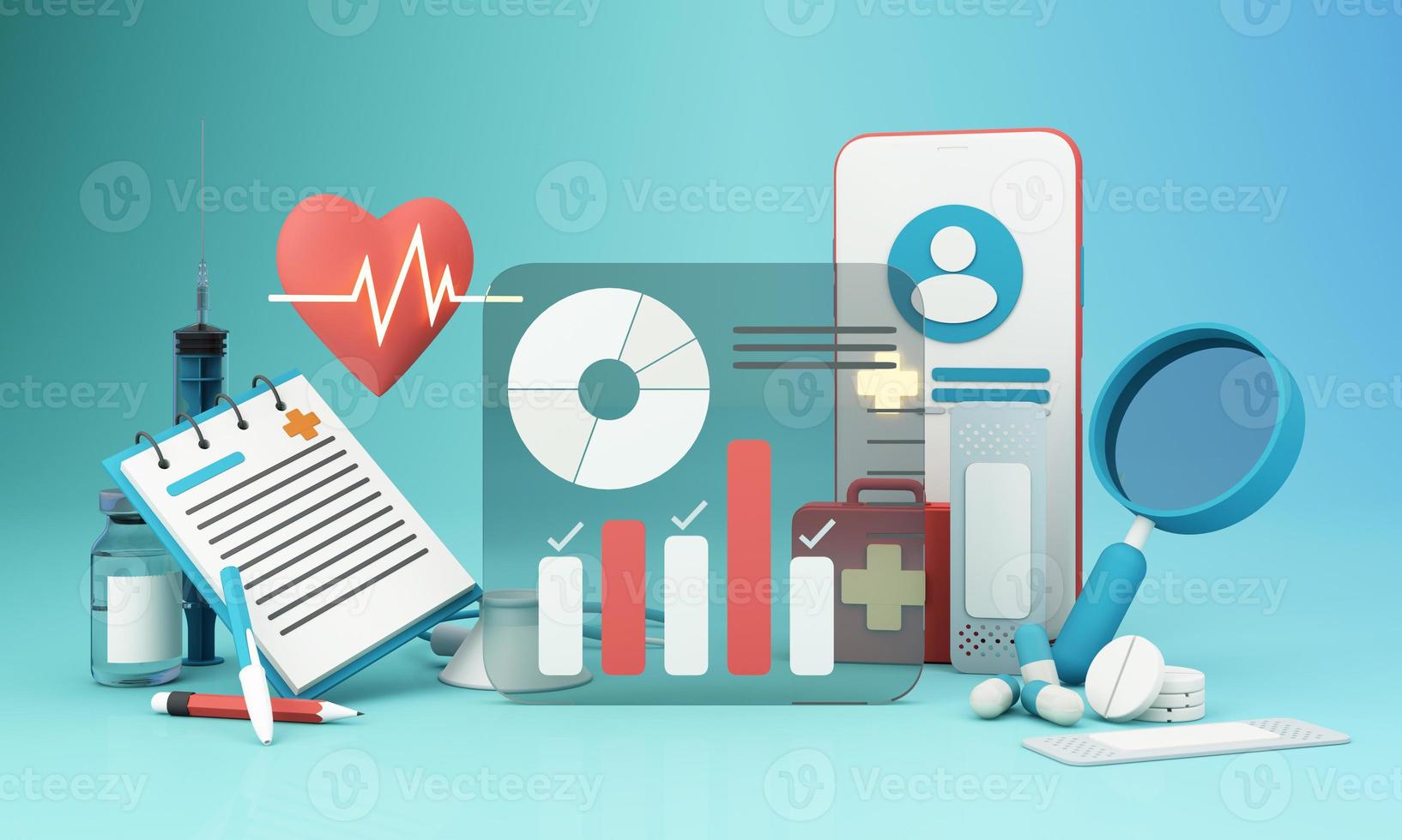 phone screen with patient id, heart disease and heart rate treatments and pills, plaster, first aid box and vaccine bottles and syringes. white and red color in concept online health check 3d render photo