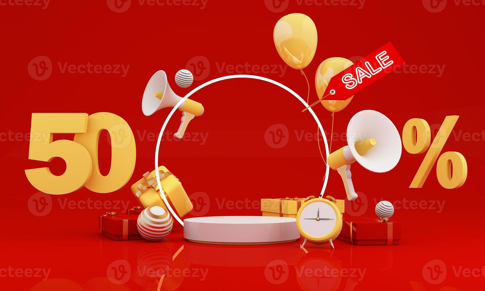 Great discount banner design with SALE text phrase on green and yellow background with gift box, shopping cart bag and alarm clock elements megaphone with product stand 3d rendering photo