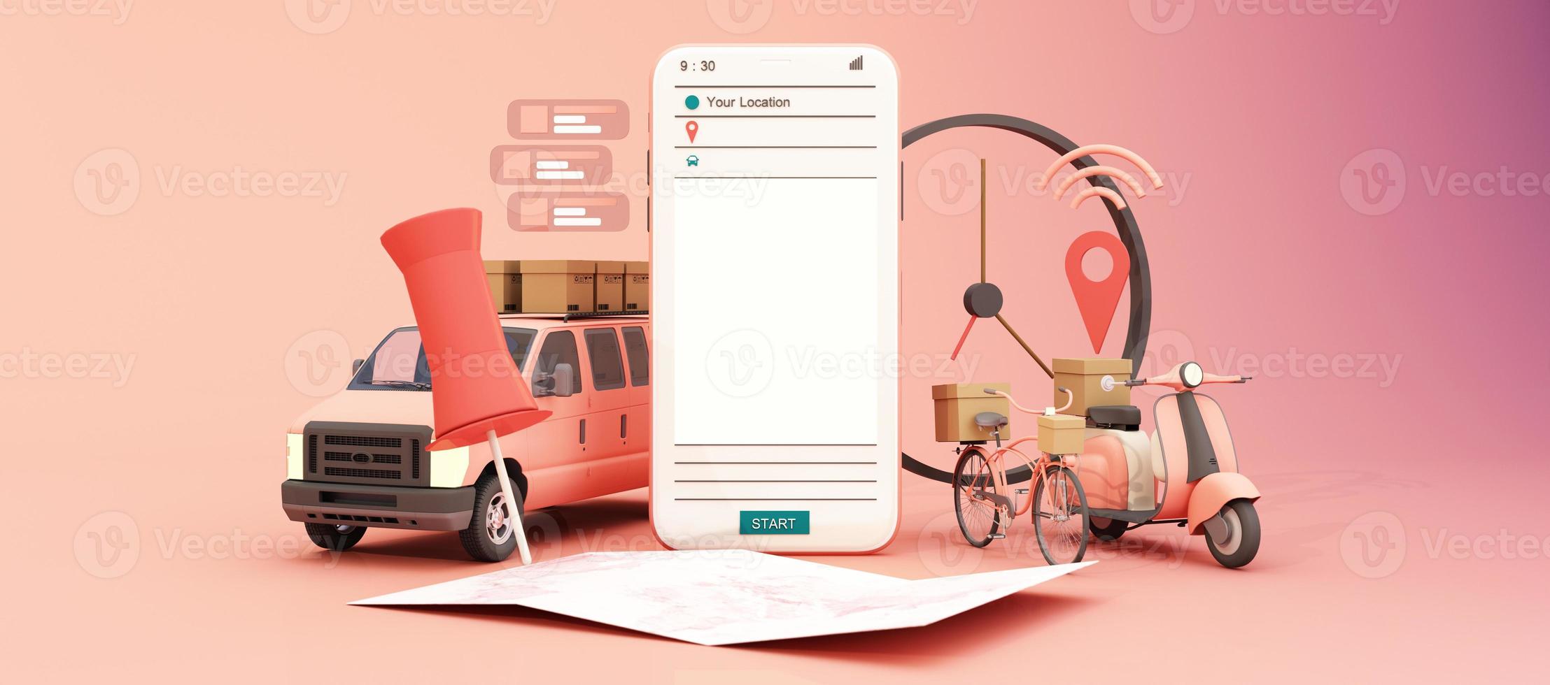 the Earth world map surrounded by cardboard boxes, a cargo container ship, a flying plane, a car, a van and a truck with gps location on blue background 3D rendering isometric view photo
