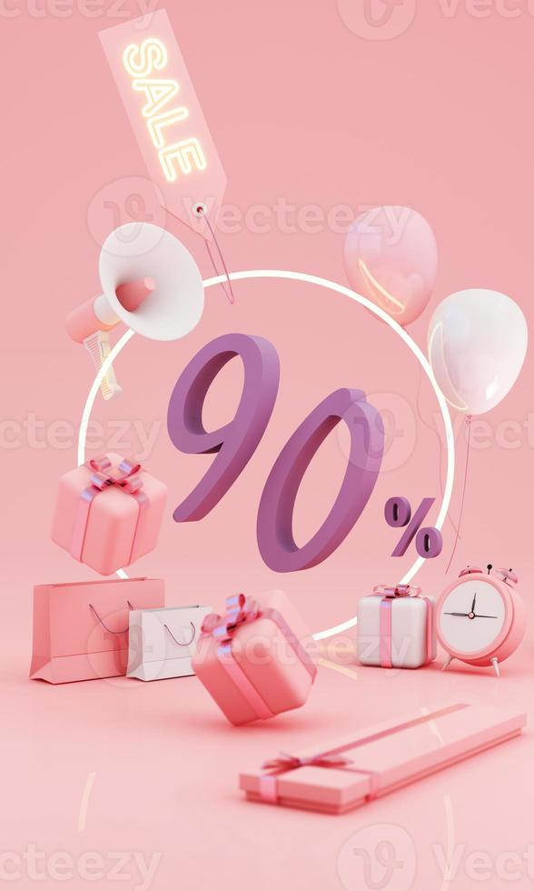 Great discount banner design with SALE text phrase on green and yellow background with gift box, shopping cart bag and alarm clock elements megaphone with product stand 3d rendering photo