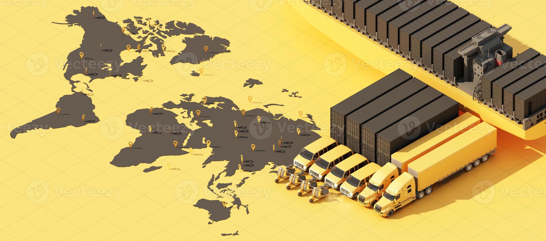 el mapa del mundo de la tierra rodeado de cajas de cartón, un barco de contenedores de carga, un avión volador, un automóvil, una furgoneta y un camión con ubicación gps sobre fondo azul vista isométrica de representación 3d foto