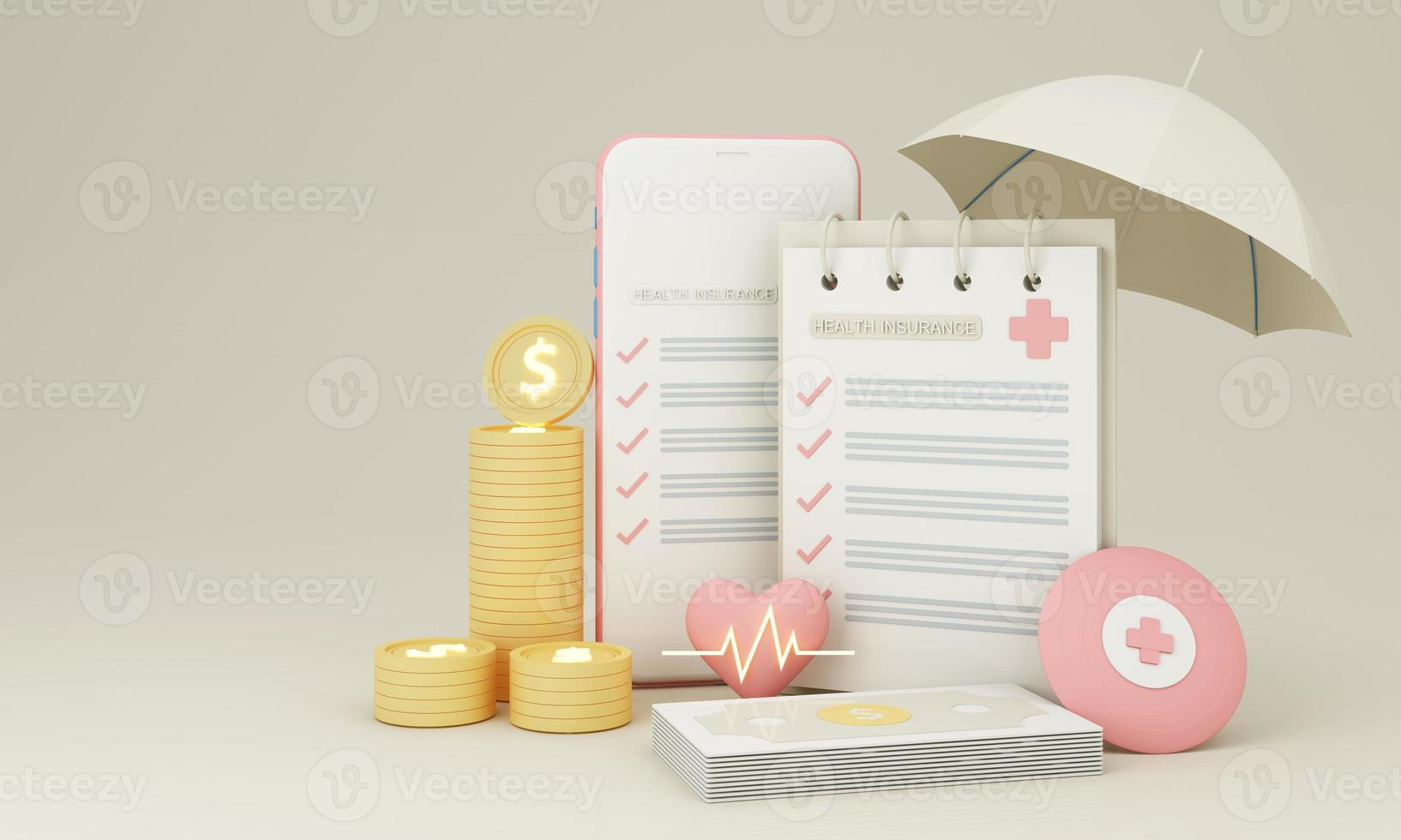 Health insurance concept with words coverage, protection, risk, and security online medicine on a virtual screen and a cartoon wood hand touching a button, isolated on blue background 3d rendering photo