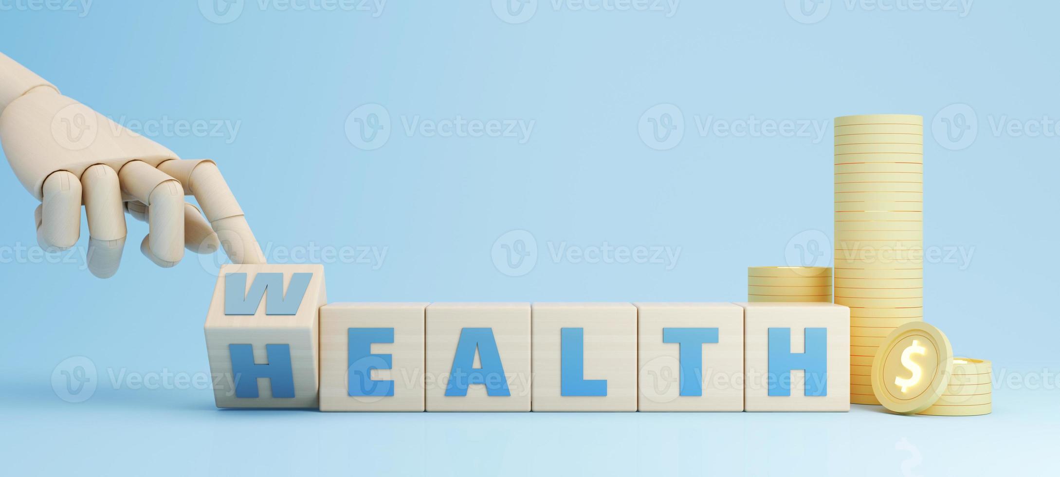 Health insurance concept with words coverage, protection, risk, and security online medicine on a virtual screen and a cartoon wood hand touching a button, isolated on blue background 3d rendering photo