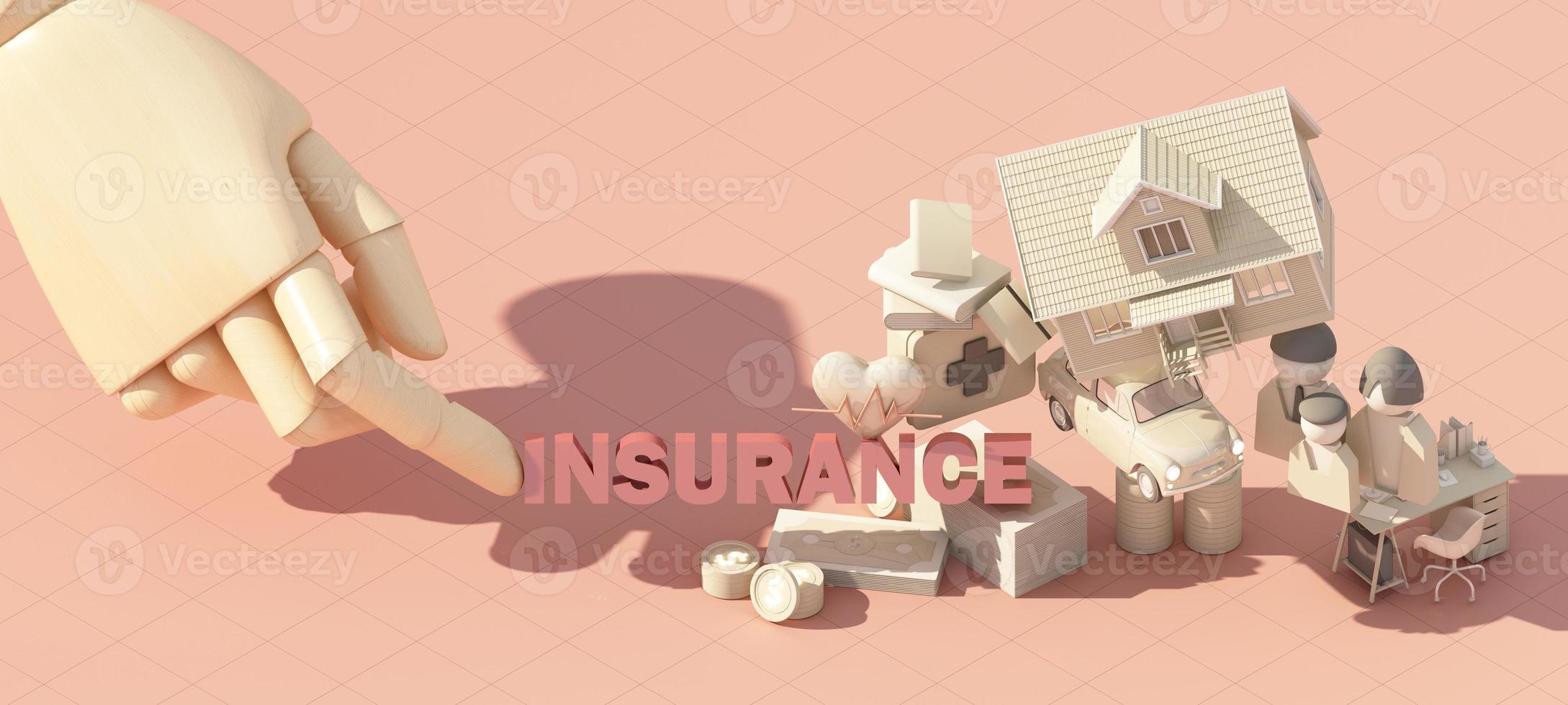 Insurance company client take out complete insurance concept. Assurance and insurance car, real estate and property, travel, finances, health, family and life. 3d render yellow photo