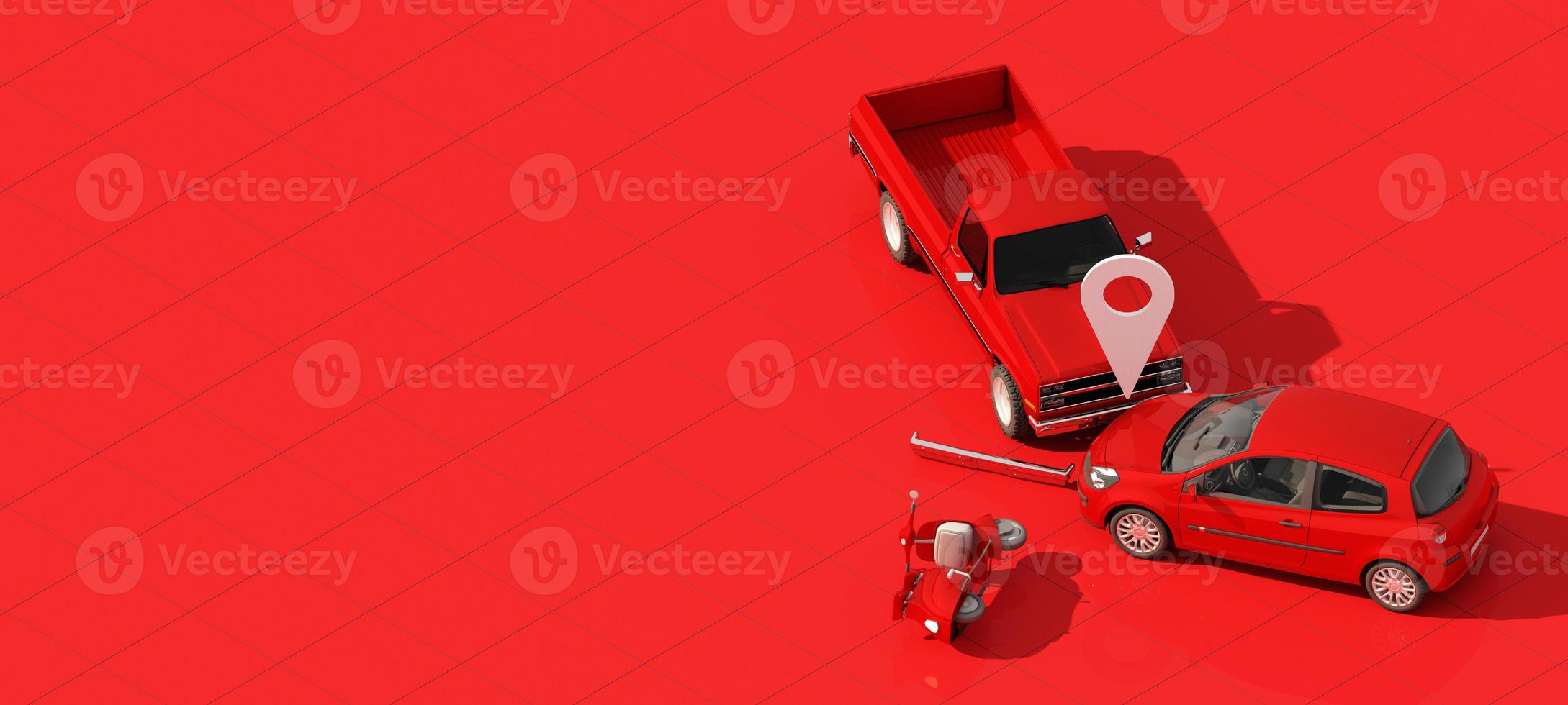 Car protection and safety assurance concept, modern red automobile sedan truck van under white text font and umbrella, isolated on red background, 3d illustration rendering isometric photo