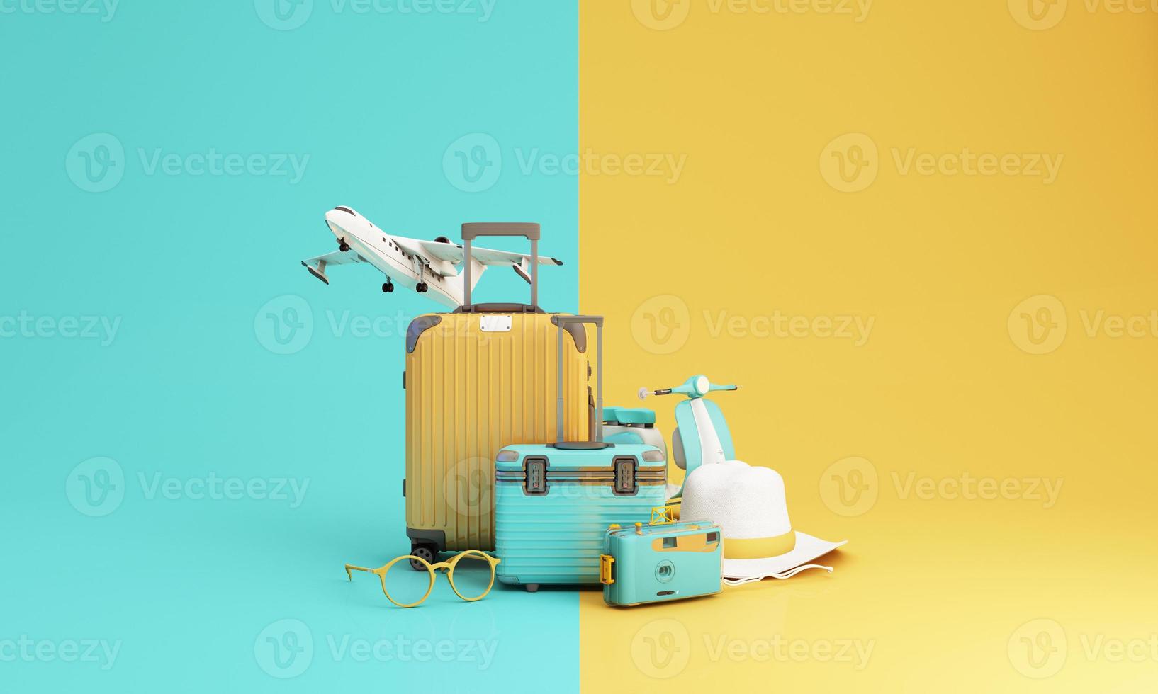 The letter Insurance glows on the cube, blue and yellow. Placed on the world map and model family cartoon characters and planes in the concept of travel insurance, travel and protection. 3d render photo