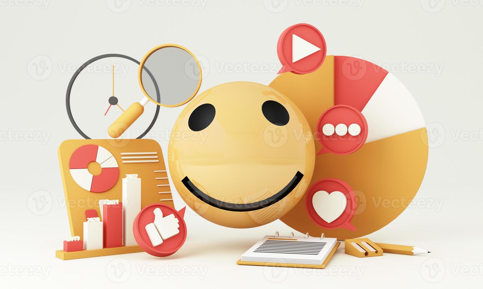 Digital Marketing, web analytics and marketing social media concept with play, chat message, love icon, magnifying glass and display bar and phone screen yellow background. 3d rendering illustration photo