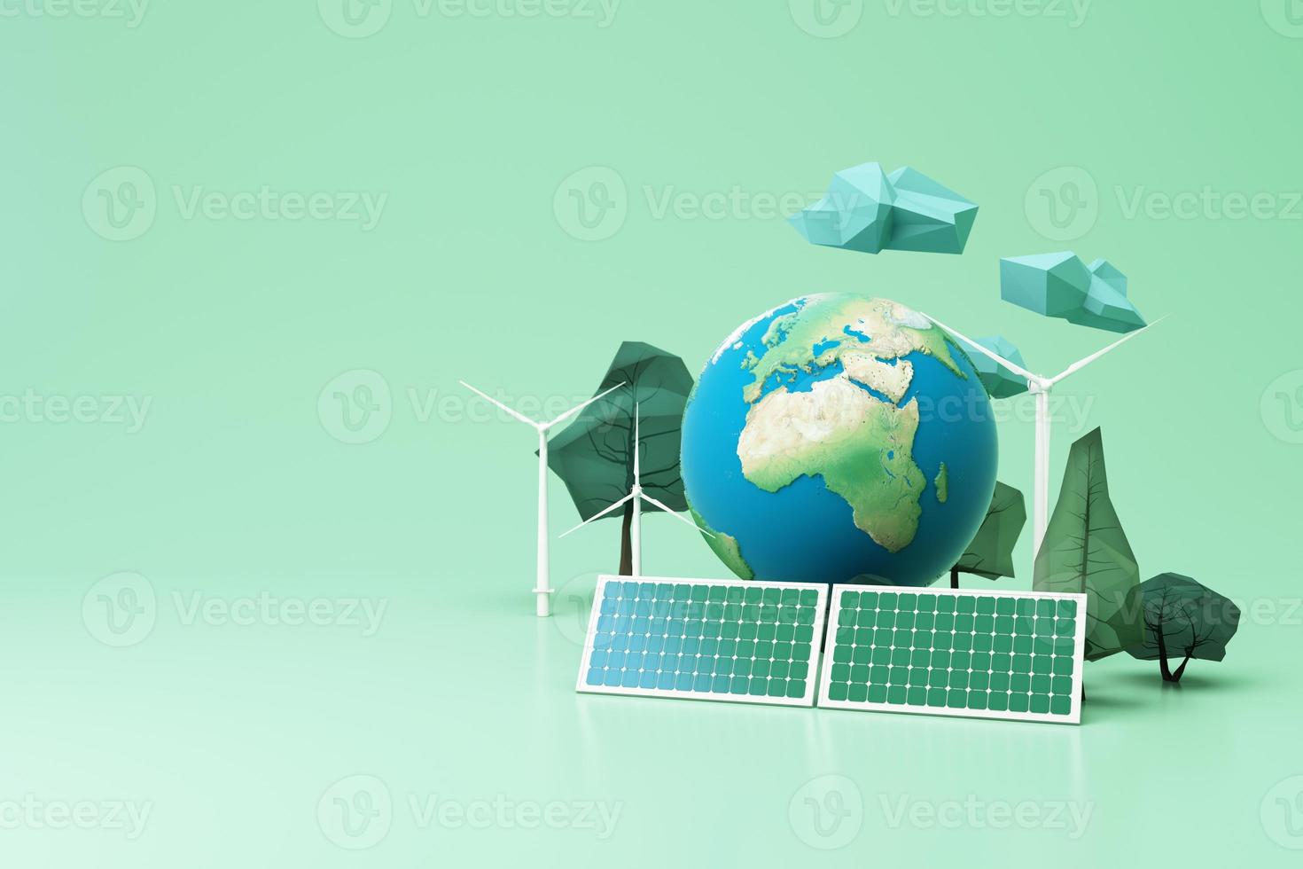 Clean energy concept on World Environment Day or International Day. White house on the roof with solar cells In a natural forest surrounded by trees and windmills and electric EV cars 3d rendering. photo