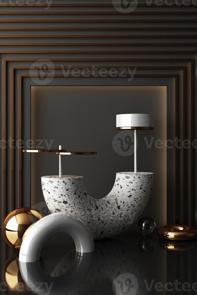Minimal abstract geometric background with direct sunlight in shades of green and yellow. Showcase scene with empty podium for product presentation 3d rendering photo