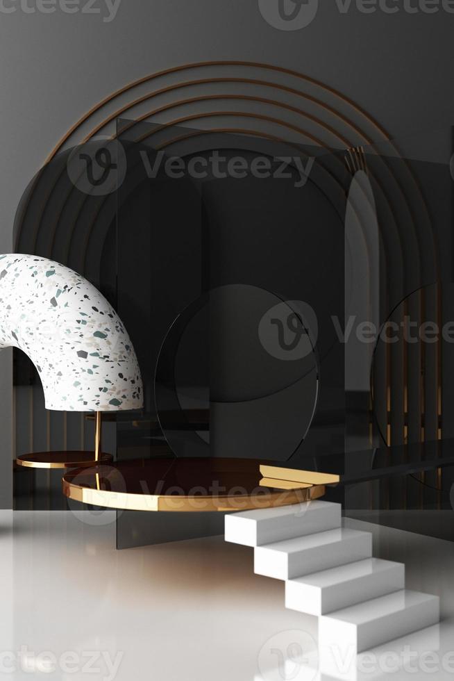 Minimal abstract geometric background with direct sunlight in shades of green and yellow. Showcase scene with empty podium for product presentation 3d rendering photo