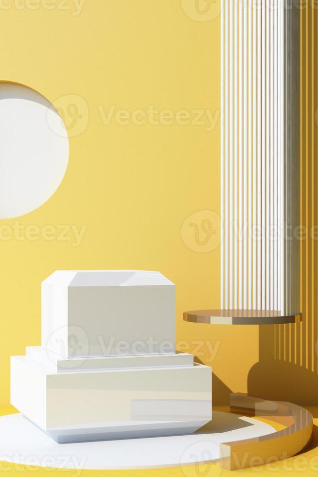 Mock up abstract studio fashion minimal geometric shape trend with pink armchair on podium platform. 3d rendering photo