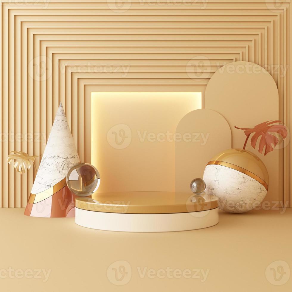 Minimal abstract geometric background with direct sunlight in shades of green and yellow. Showcase scene with empty podium for product presentation 3d rendering photo