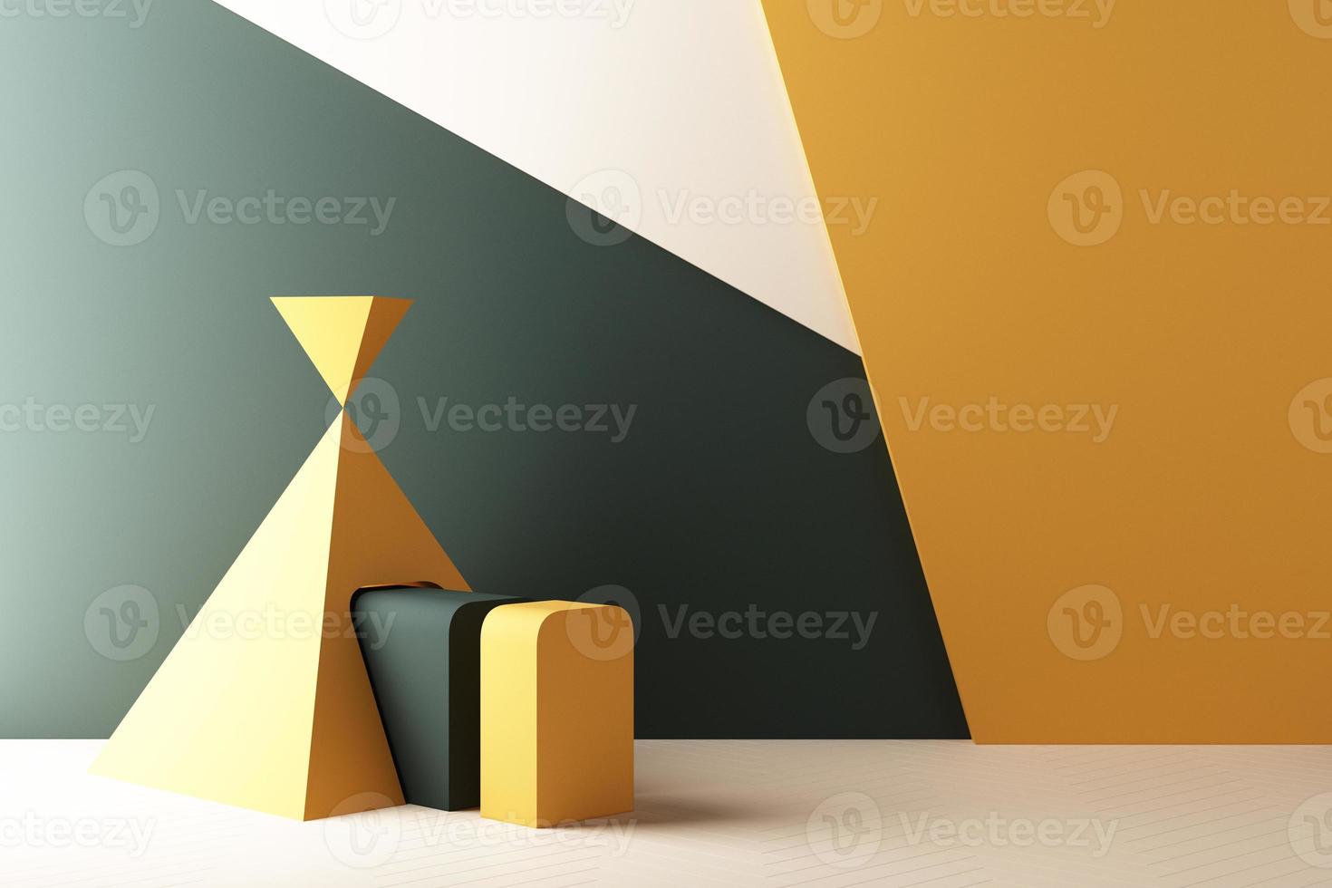 Minimal abstract geometric background with direct sunlight in shades of green and yellow. Showcase scene with empty podium for product presentation 3d rendering photo