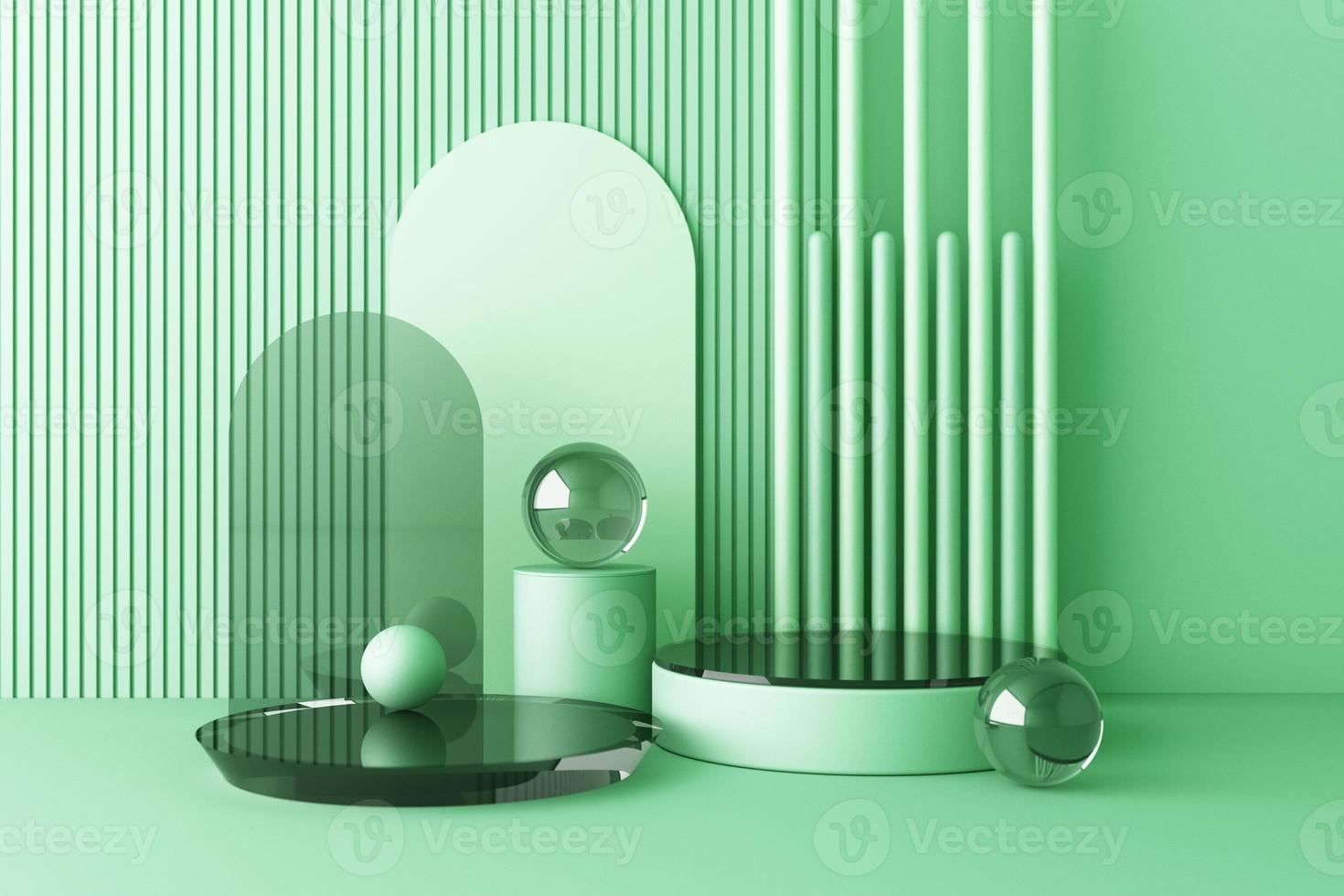 Minimal abstract geometric background with direct sunlight in shades of green and yellow. Showcase scene with empty podium for product presentation 3d rendering photo