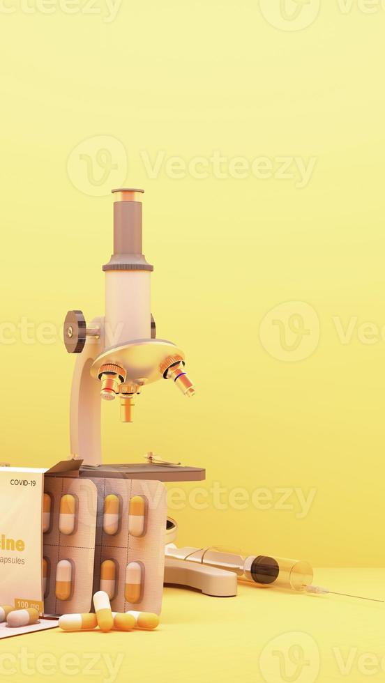 Covid-19 self test kit with vaccine and medicine on white background. 3d rendering photo