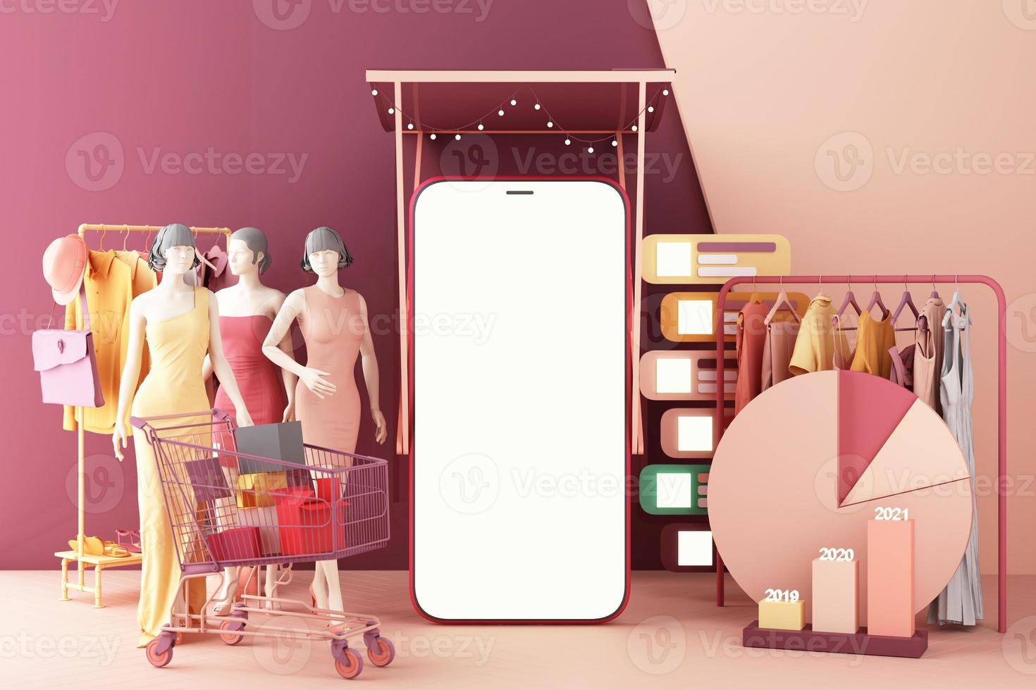 the concept of online women shopping clothes on social media app. 3d laptop screen with shopping bag, chat message, shopping cart on pink pastel color 3d rendering photo