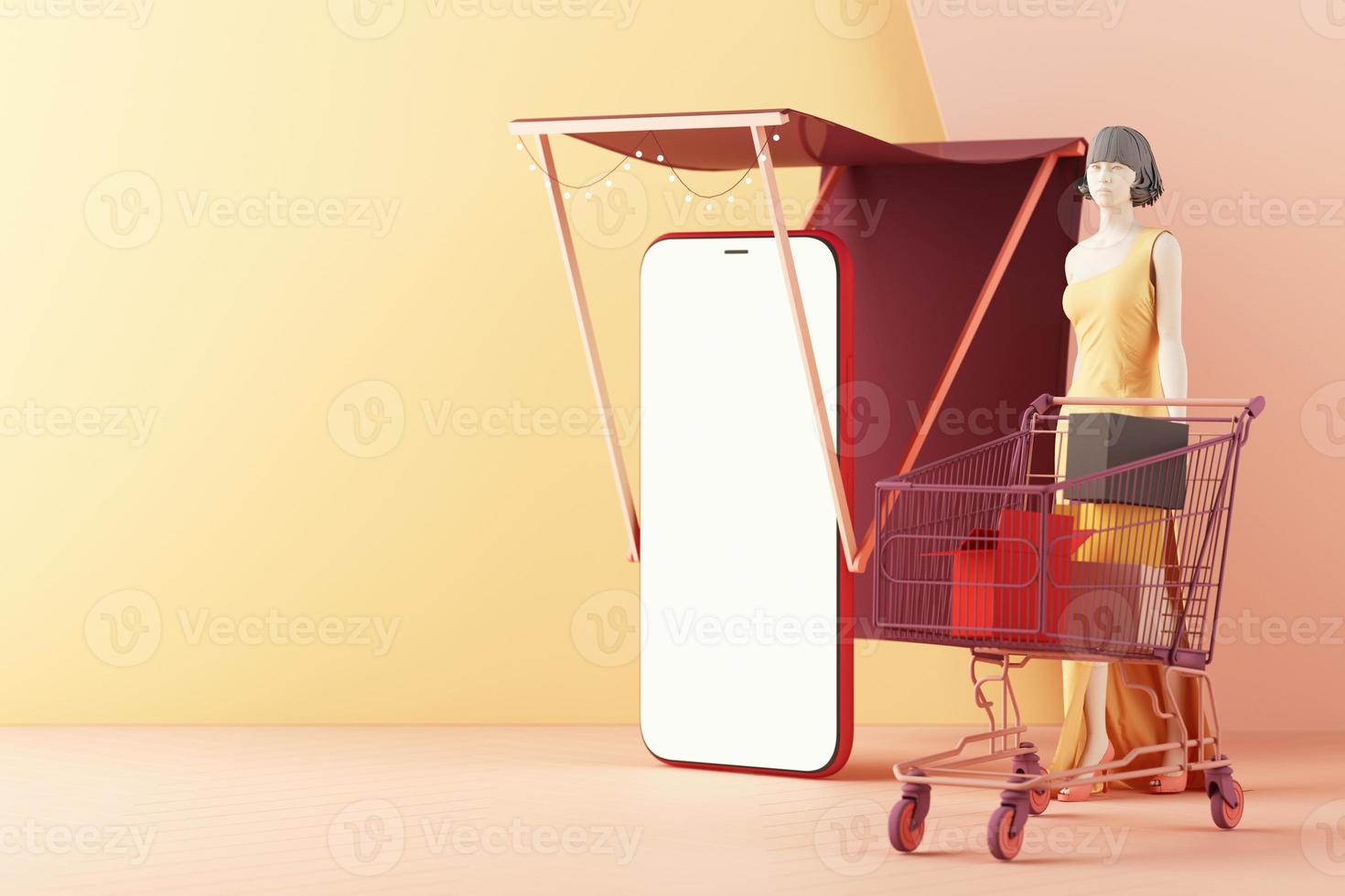 the concept of online women shopping clothes on social media app. 3d laptop screen with shopping bag, chat message, shopping cart on pink pastel color 3d rendering photo