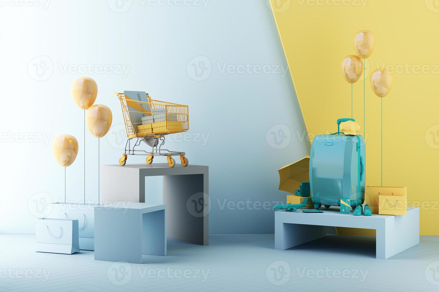 Summer shopping concept with luggage surrounded by umbrellas, shoes and cameras along with airplane models and clothes on hanger trendy geometric shapes with product stand 3d rendering photo