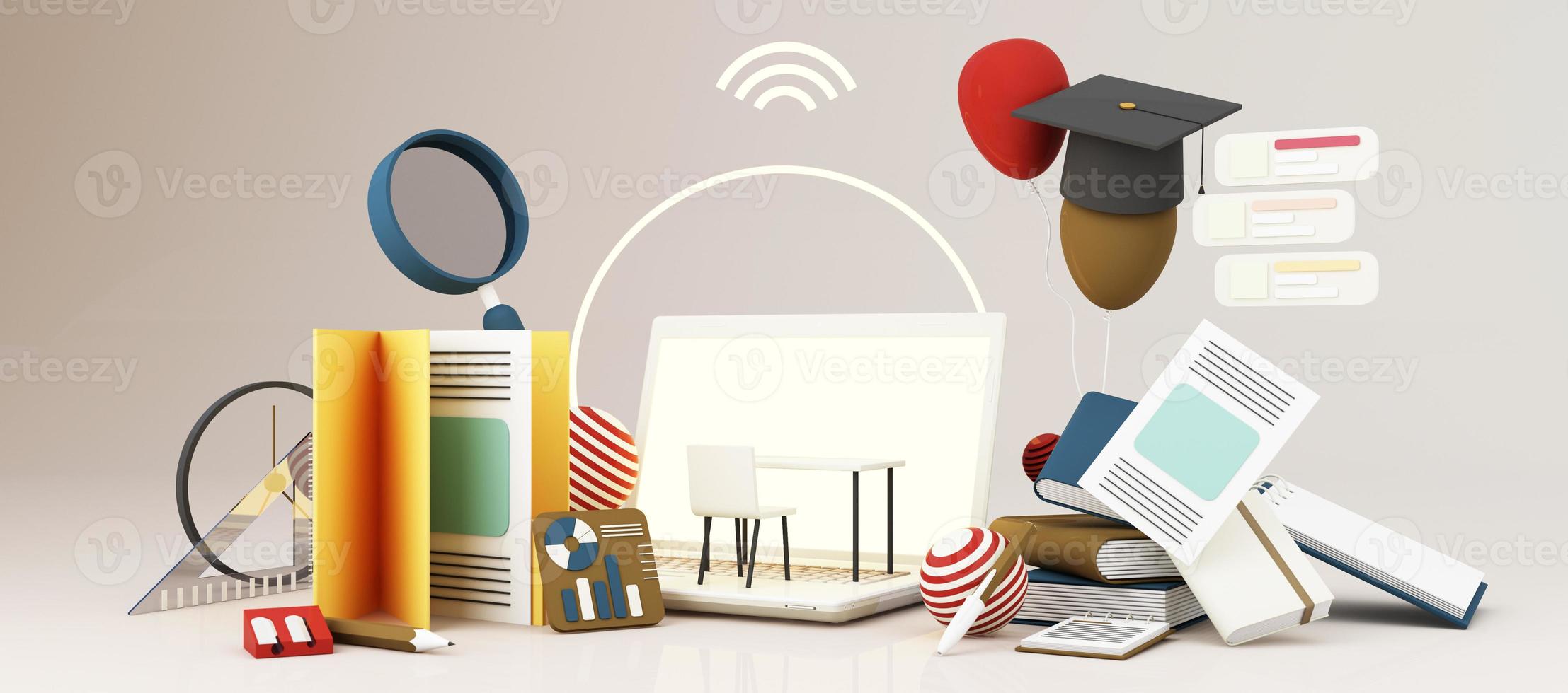 E-learning concept with laptop and wi-fi symbol surrounded by Graduate cap, open books, balloon, Ruler,statistical graph, pencil and magnifying glass on blue and yellow color tone 3d render photo