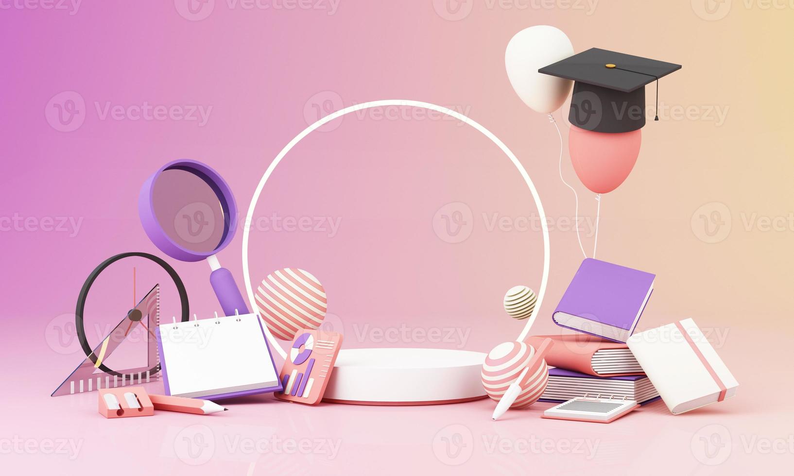 learning concept with white paper on board surrounded by Graduate cap, open books, balloon, Ruler,statistical graph, pencil and magnifying glass on pink and purple background 3d render photo