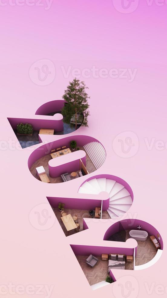 A cross section of a house. concept of work from home, goal of life, Work Life Balance with furniture used in daily life. in white and wood tones, 3D rendering and illustration. photo