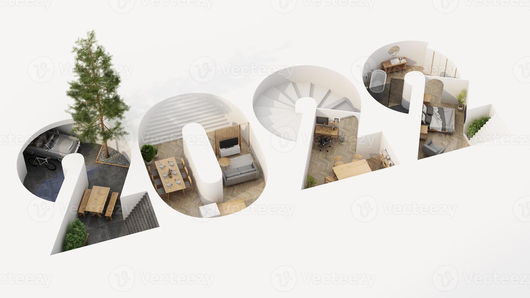 A cross section of a house. concept of work from home, goal of life, Work Life Balance with furniture used in daily life. in white and wood tones, 3D rendering and illustration. photo